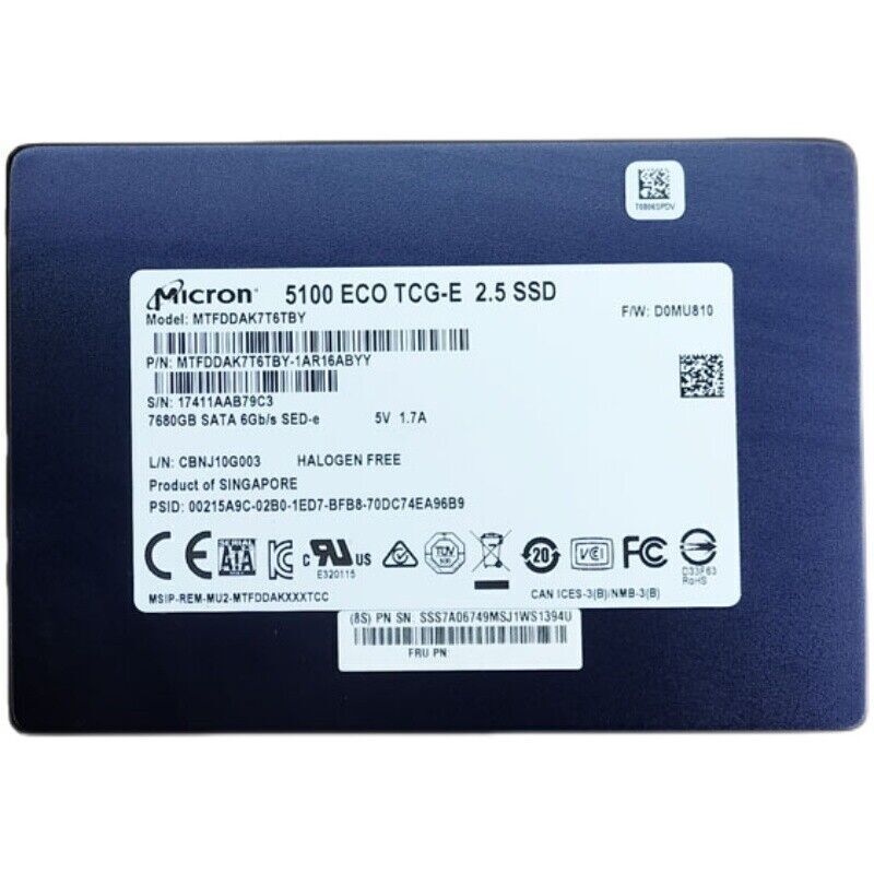 7.68TB Micron 5100 ECO SSD SATA III 2.5" Server Data MTFDDAK7T6TBY-1AR1ZABYY