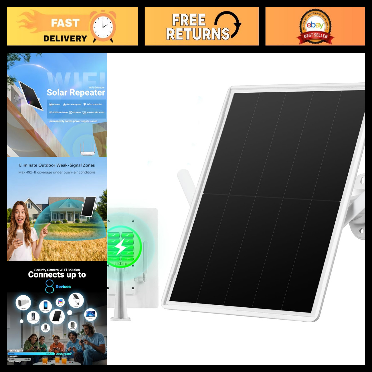 Solar WiFi Extender Signal Booster 300Mbps 492Ft Long Range 15W Solar Panel IP65