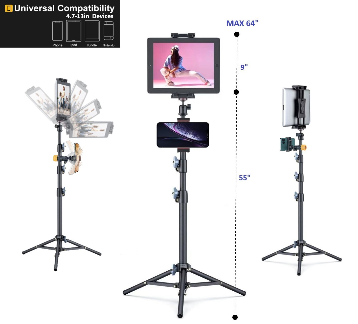 LINCO 55" Adjustable Steel Tablet Tripod Stand with 360° Rotating Phone Holder