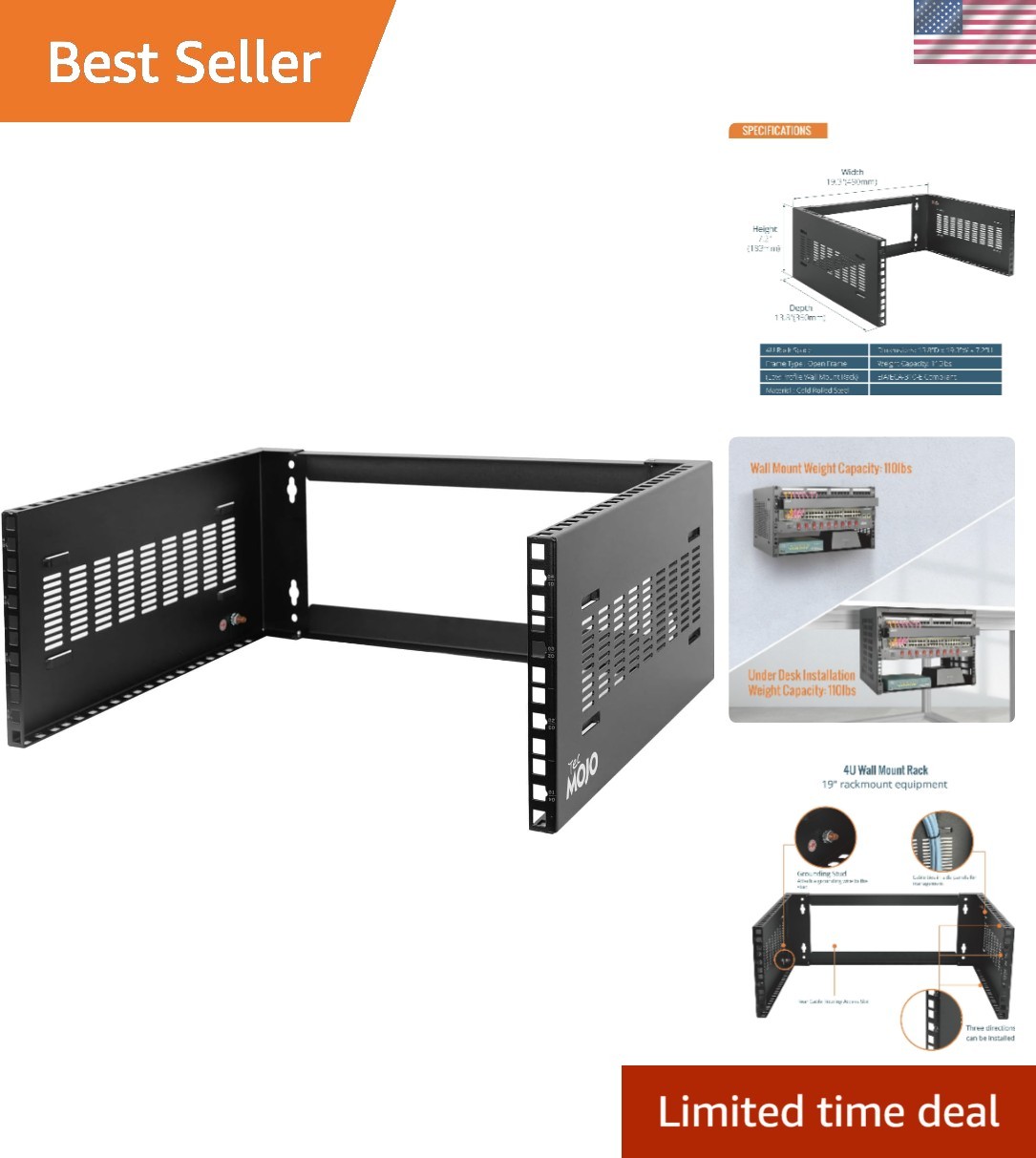 Easy-to-Install 4U Network Rack, 110 lbs Capacity, Ideal for IT Organizations