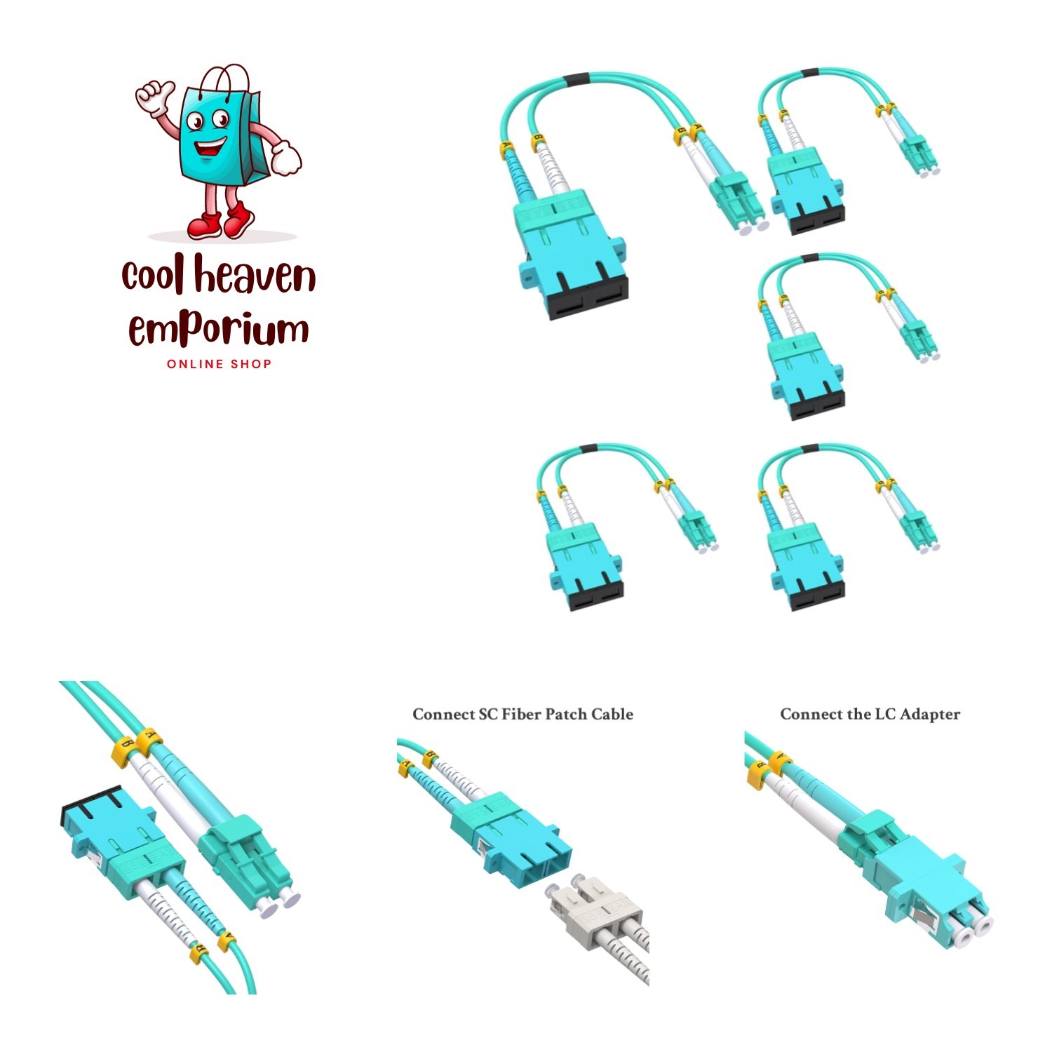 Versatile 5 Pack LC Male to SC Female Fiber Adapter - Precision Alignment, Aqua