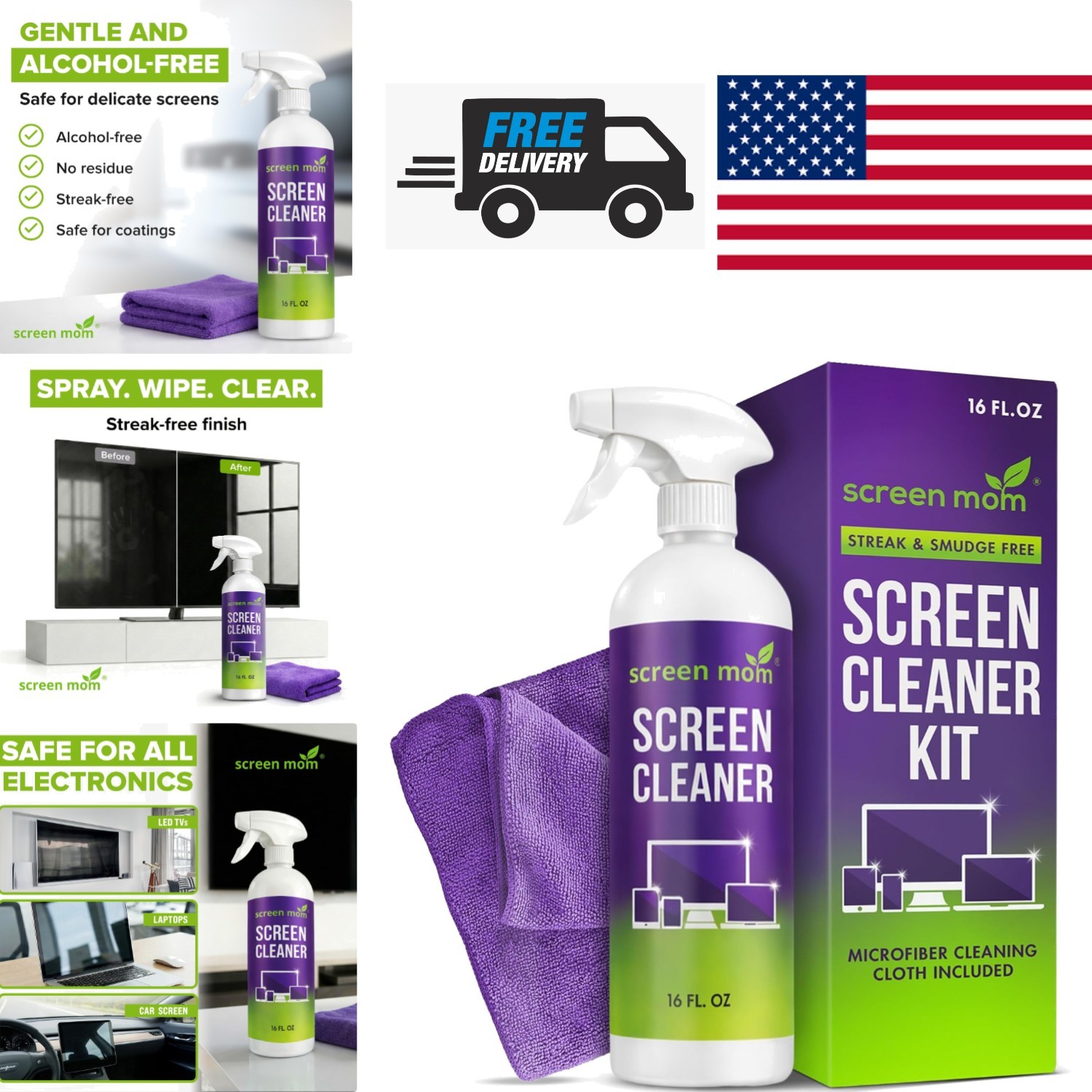 Versatile Screen Cleaner Spray 16oz for Electronics with Scratch Free Cloth