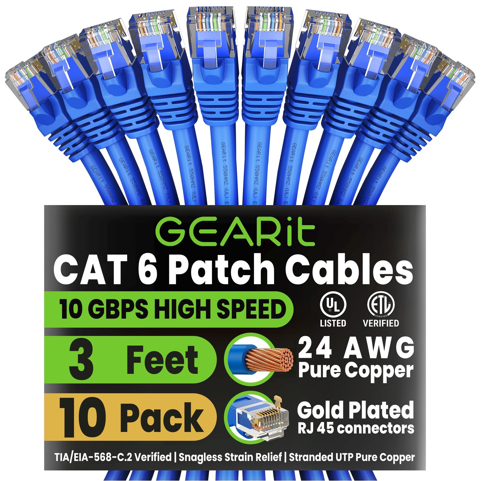 10 PCS Cat 6 Ethernet Cable 3 FT RJ45 Network Patch 10 Gbps Snagless Blue