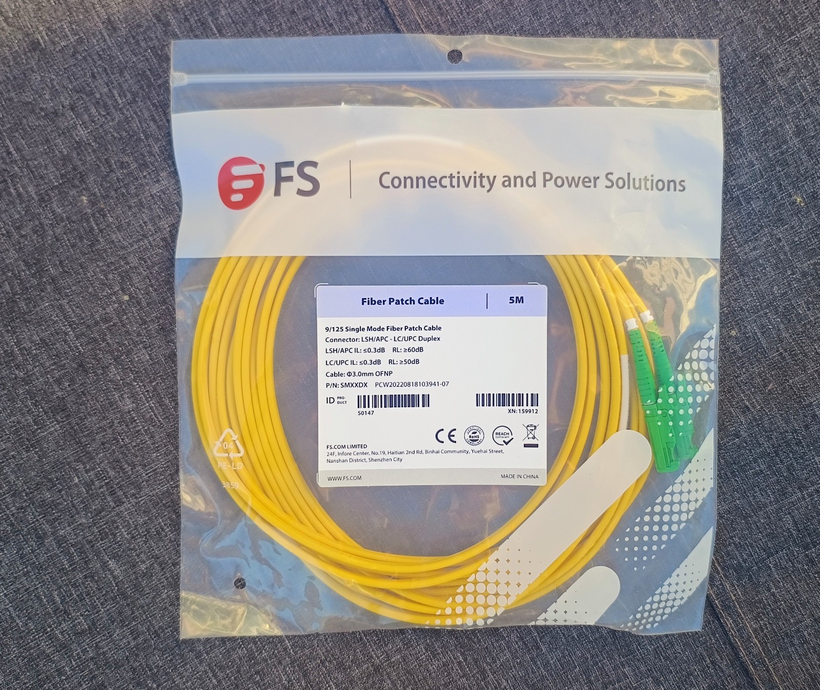 5 Meter OS2 LC UPC to LSH / E2000 APC Single Mode Duplex Fibre Patch Cable