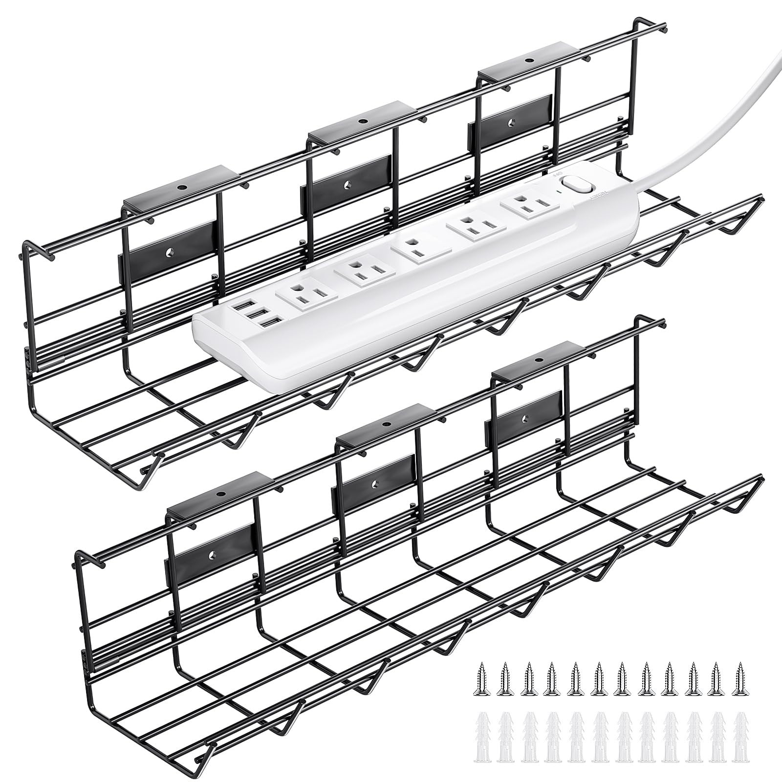 2 Pack DELAMU Under Desk Cable Management Tray, Metal 2*L17 W3.5 H4.1, Black 