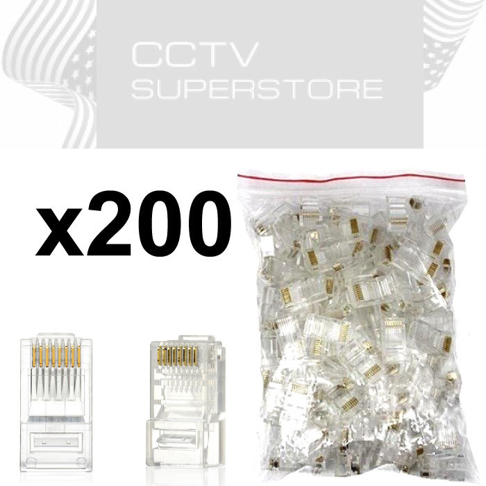 200 pcs RJ45 Network Modular Plug Cat5 CAT5e Connector Clear 8p8c Gold Plated