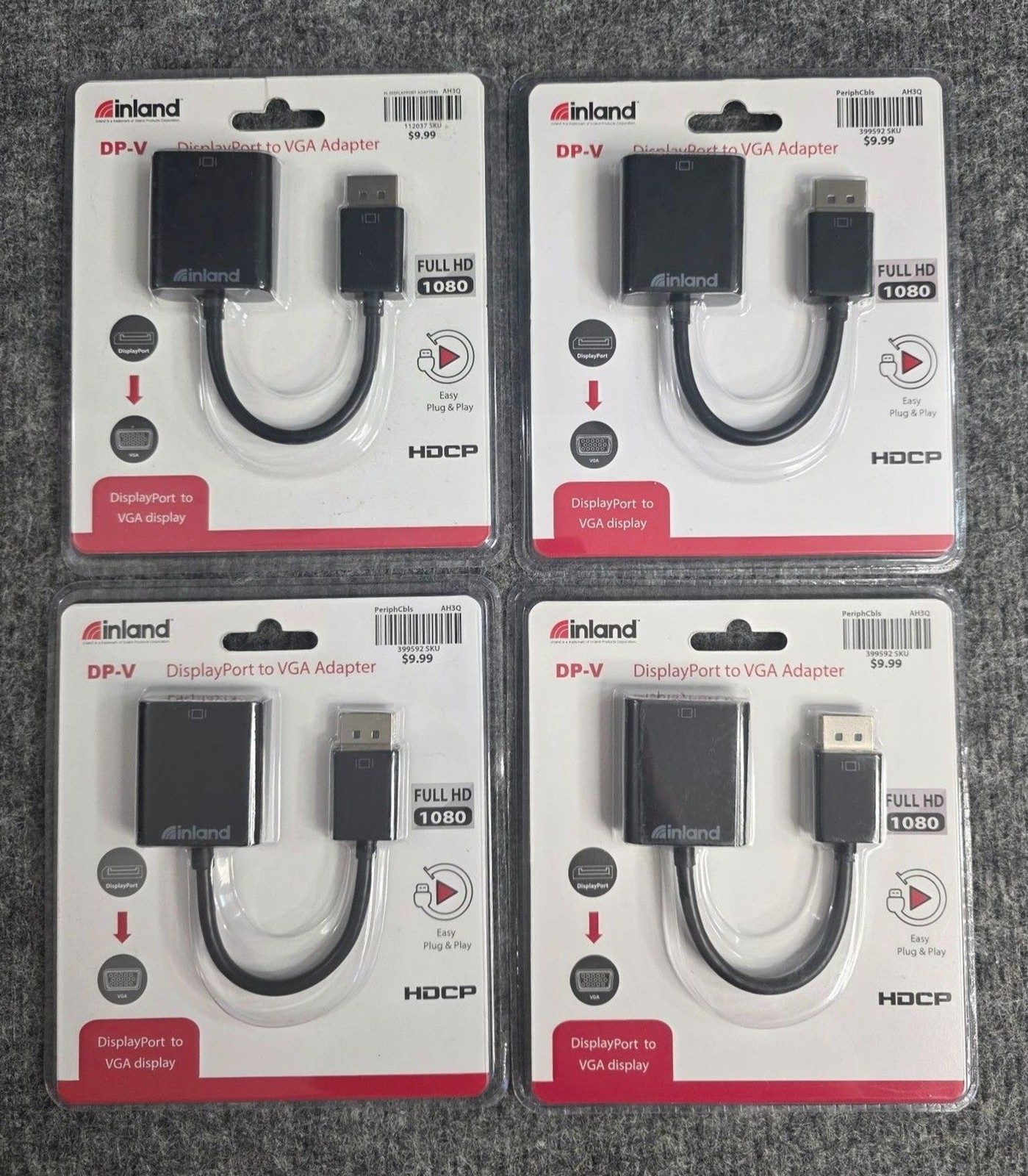 Inland DisplayPort To VGA Adapter 1080p Full HD Plug & Play HDCP 4-Pack