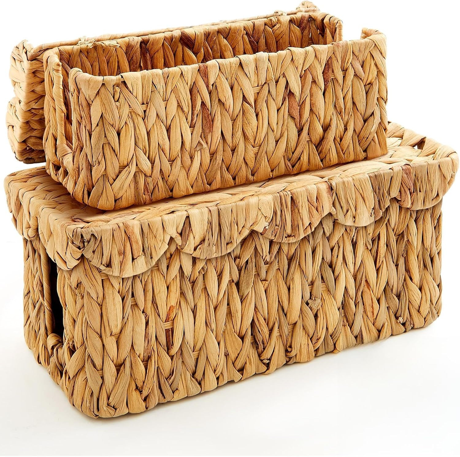Patelai 2 Pack Scalloped Cable Management Box Water Hyacinth, Natural Color