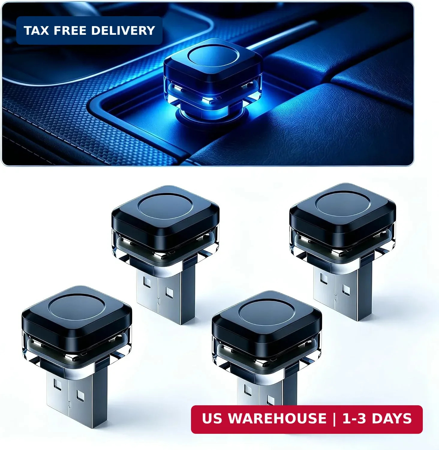 4 PCS Car Interior USB LED Lights, Square Ambient Mood Decorative Lamp, Portable