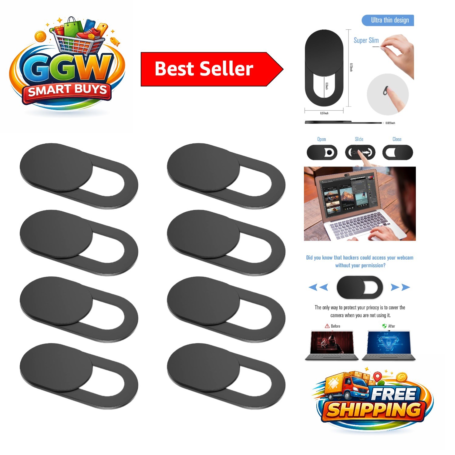 Strong Adhesive Webcam Cover Slide [0.022in Thick] - 8-Pack for Privacy Security