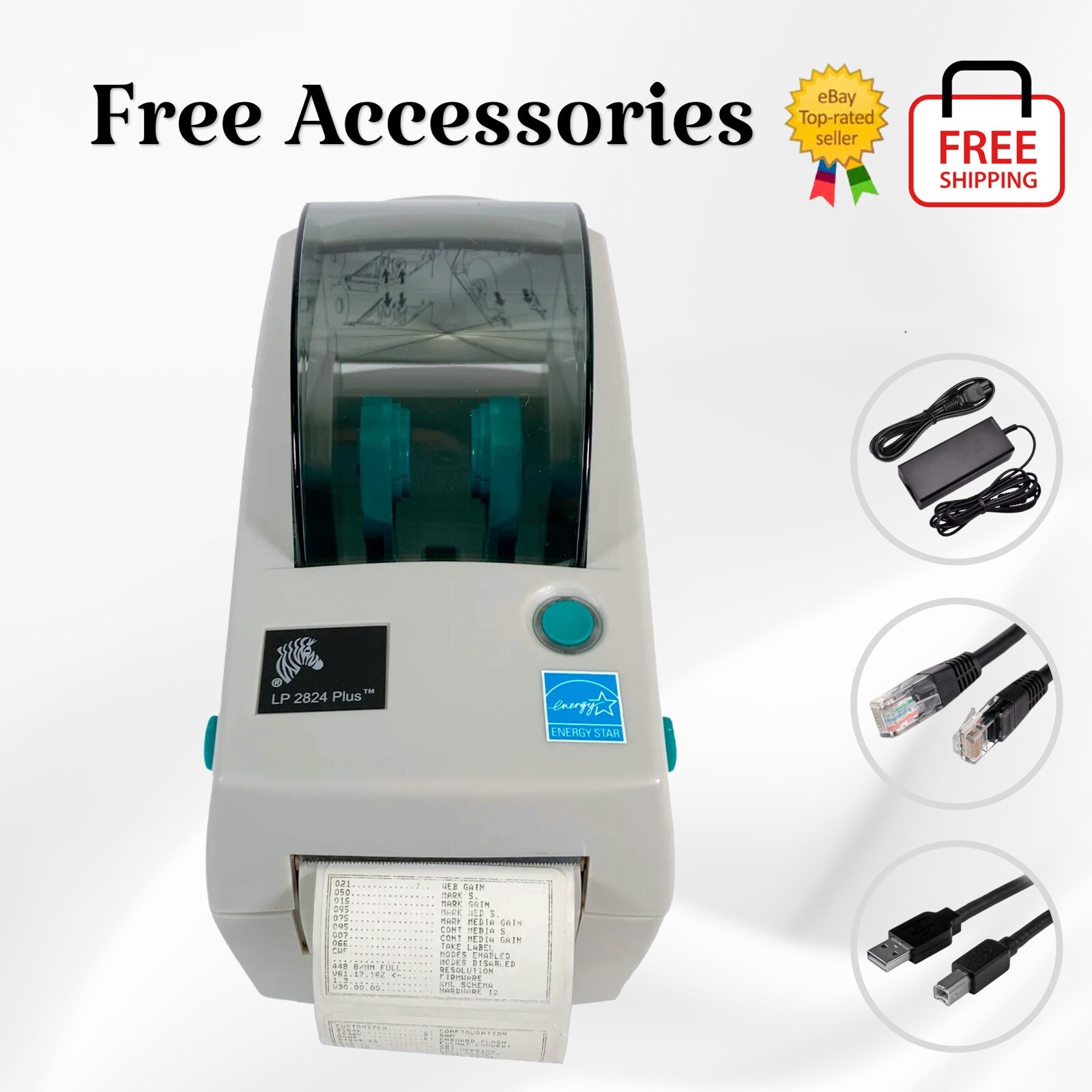 BUNDLE Zebra LP2824 Plus Direct Thermal Barcode Label Printer Ethernet USB