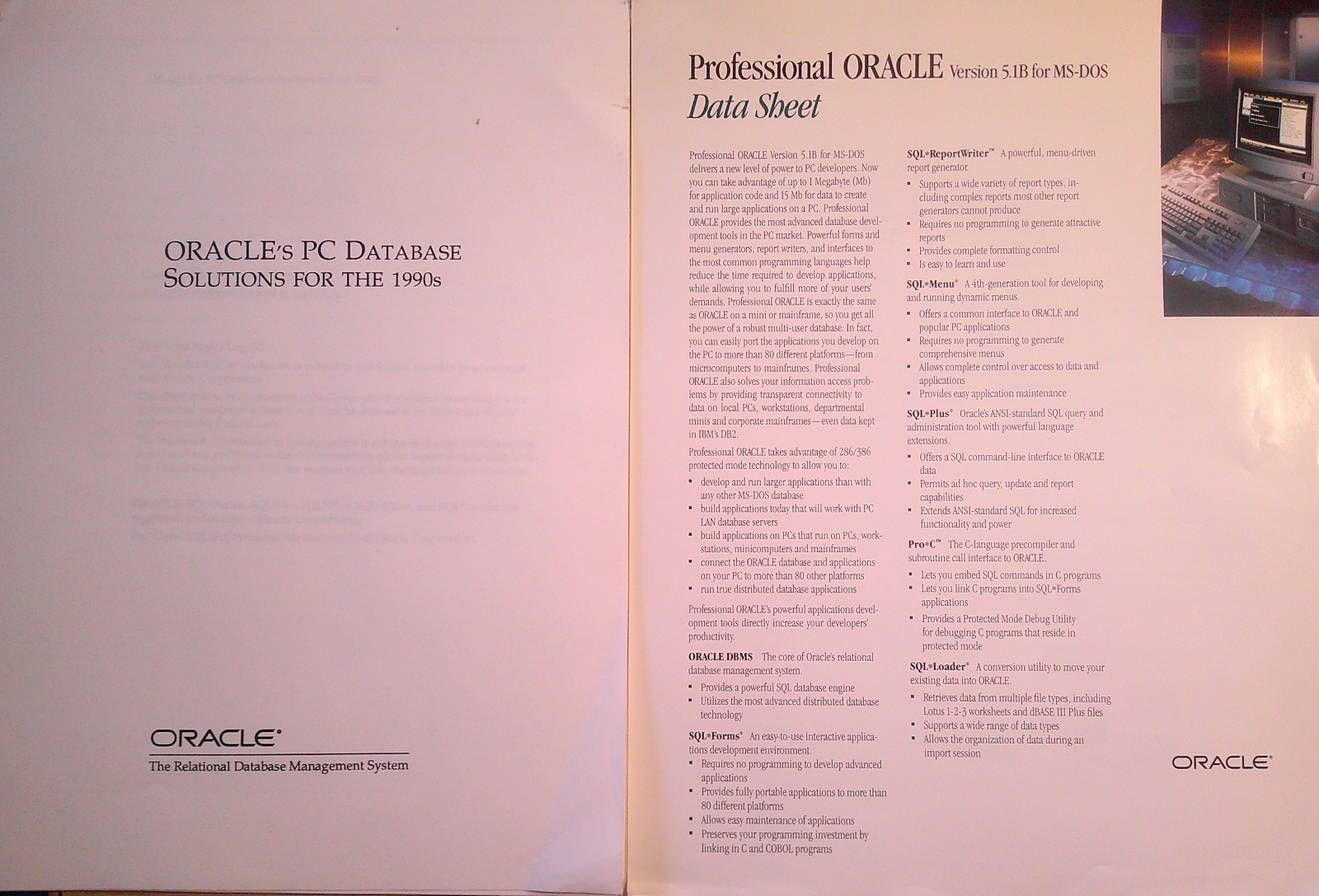 ORACLE's PC Database Solutions for the 1990s + Professional Oracle Data Sheet