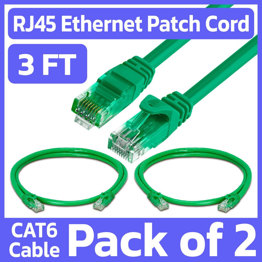 2 Pack 3 FT Cat6 Patch Cord Green RJ45 LAN Ethernet Cable Network Internet Cord