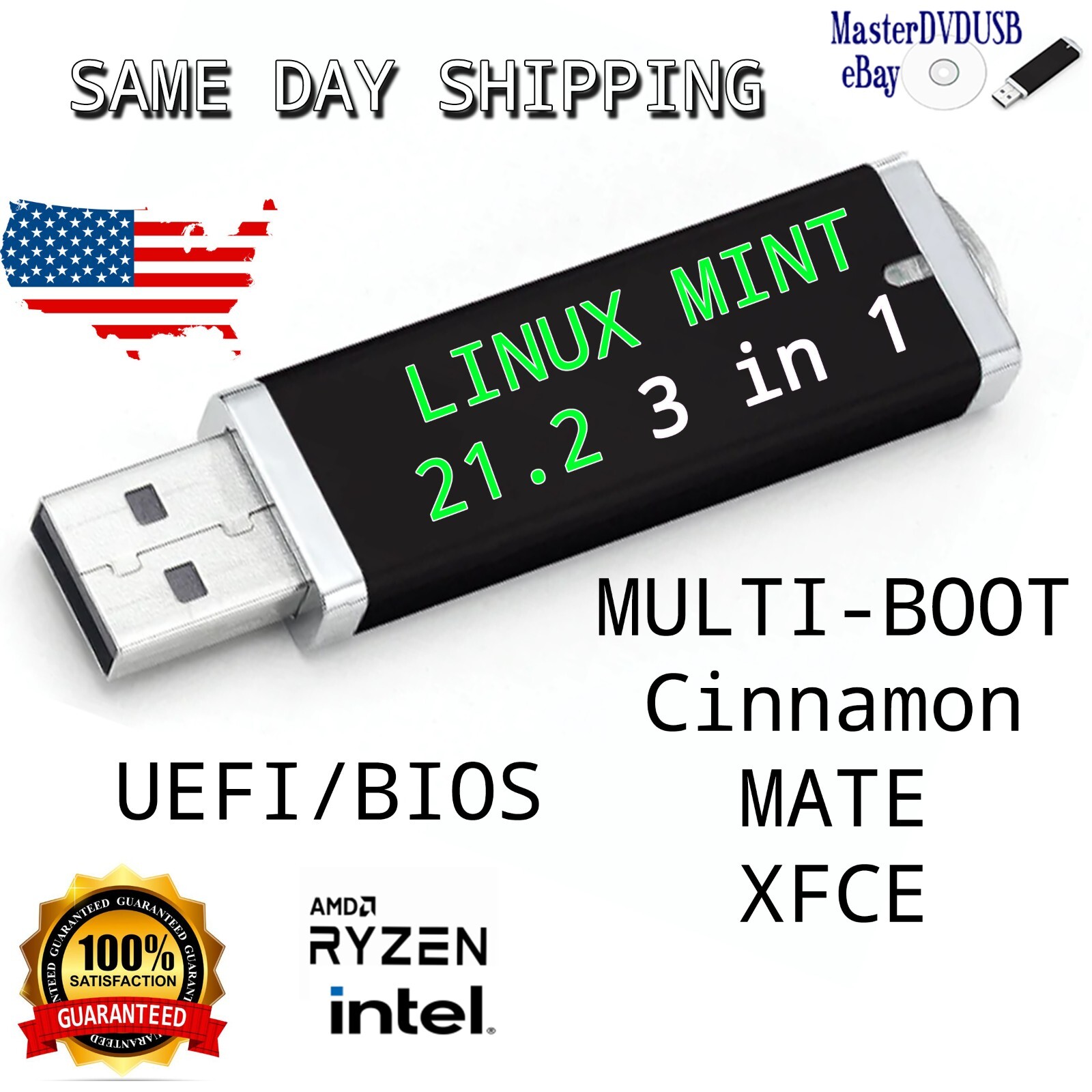 Linux Mint 21.3 3 in 1 Bootable USB Drive Cinnamon, MATE, XFCE, and Edge  32GB