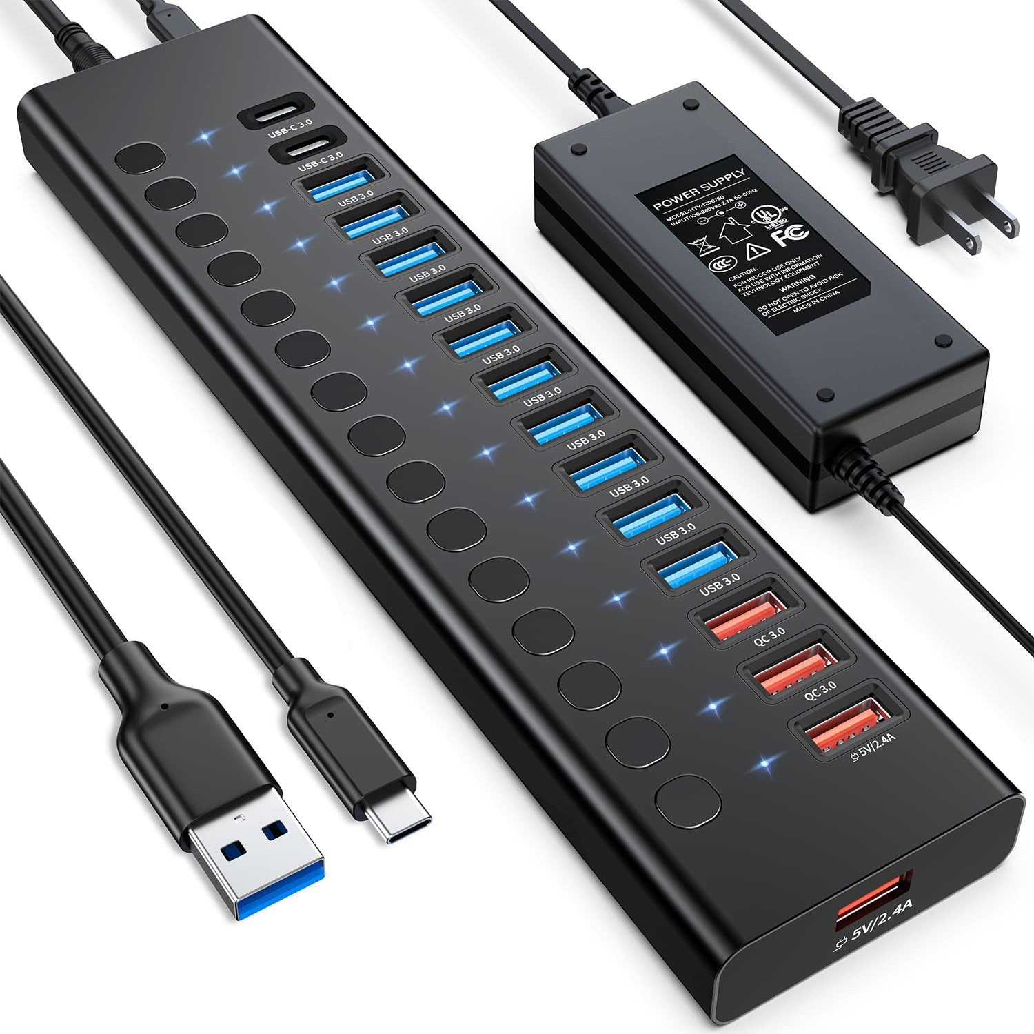 Powered USB Hub, 16-Port USB 3.0 Hub (14 USB-A+2 USB-C), 5Gbps