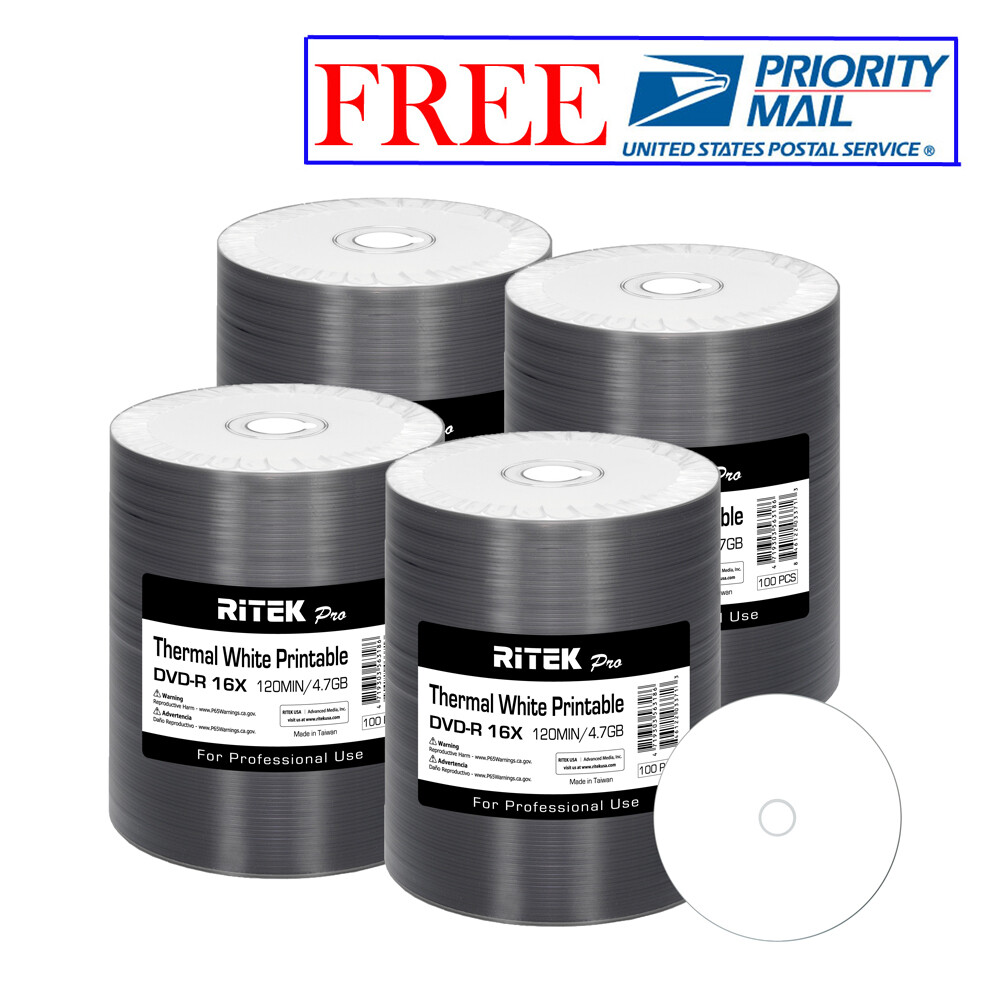 400 Pack Ritek Pro DVD-R 16X 4.7GB White Thermal Hub Printable Blank Media Disc