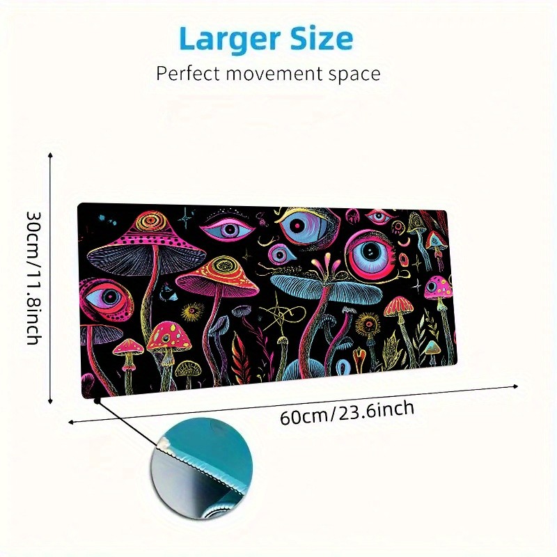 Large Non-Slip Rubber Fiber Desk Mat with Psychedelic Eyes & Mushrooms Design