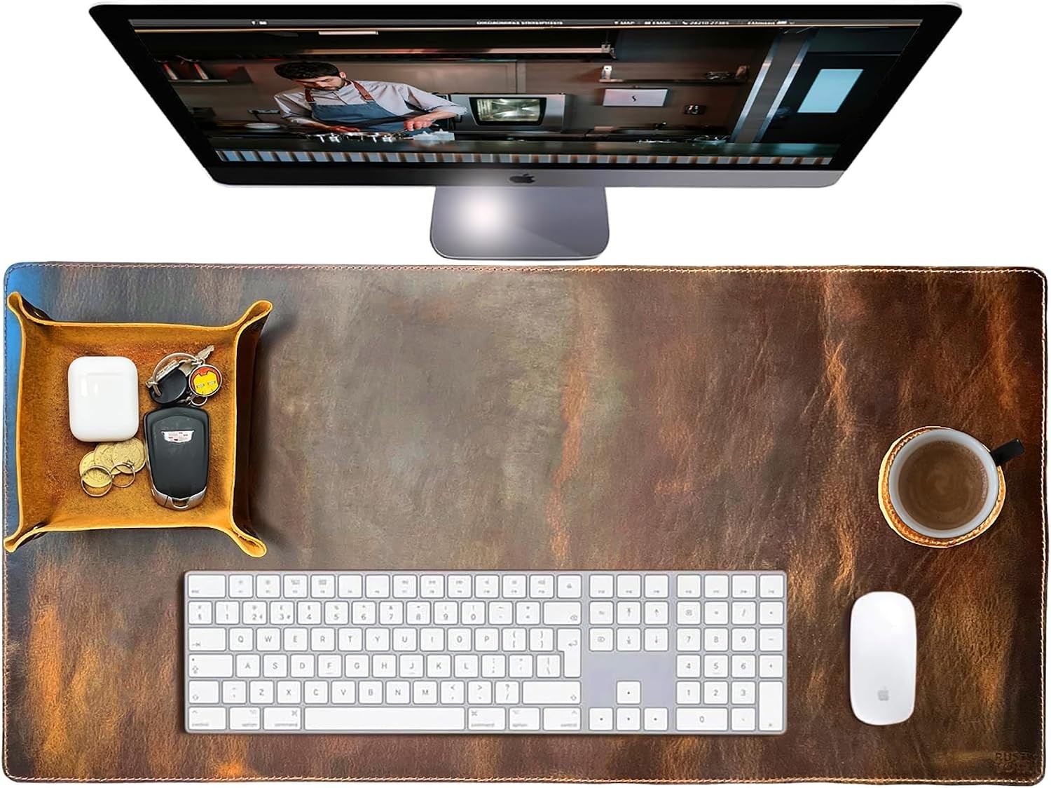 Leather Desk Mat Set (32x16) - Full Grain Large Computer Gaming Mouse Pad Non-Sl