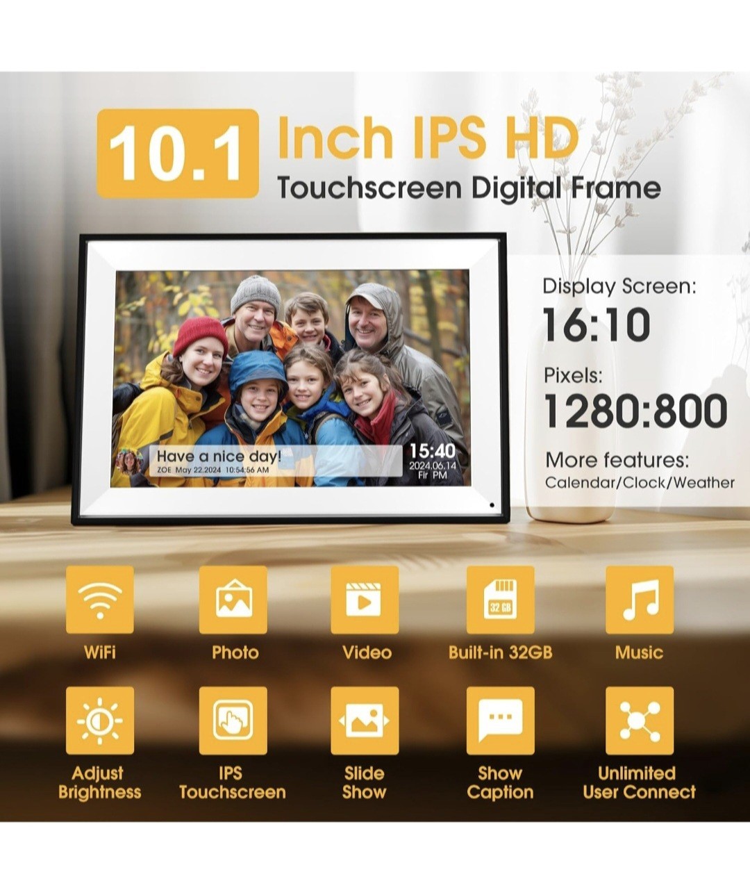 EMITEVER 10.1 Inch WiFi Digital Picture Frame 32GB Storage,1280x800 IPS HD Touch