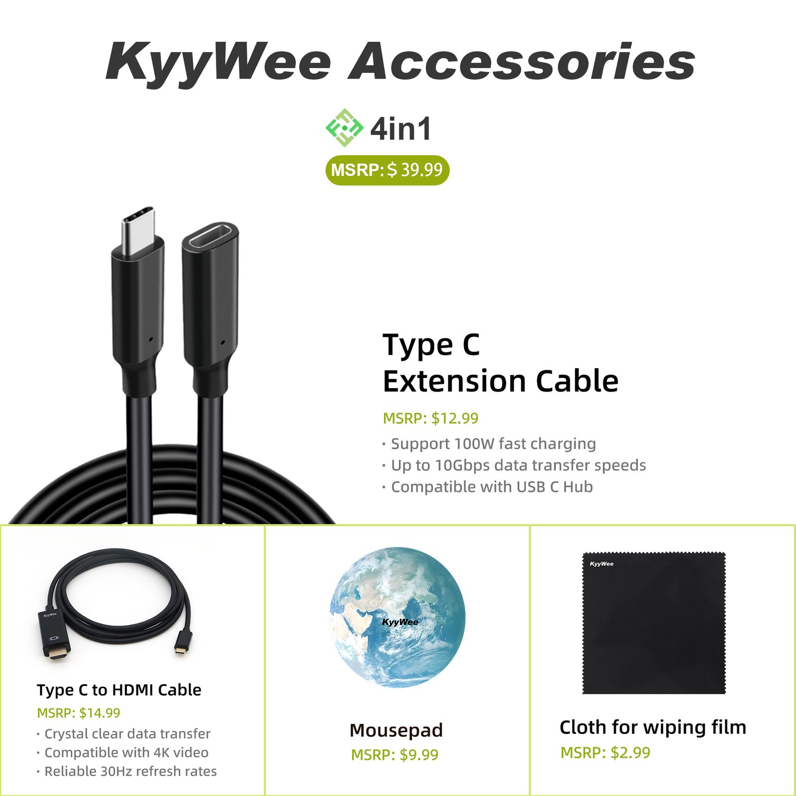 4in1 Type C Extension Cable HDMI Mousepad Clean Cloth 100W fast charging USB C