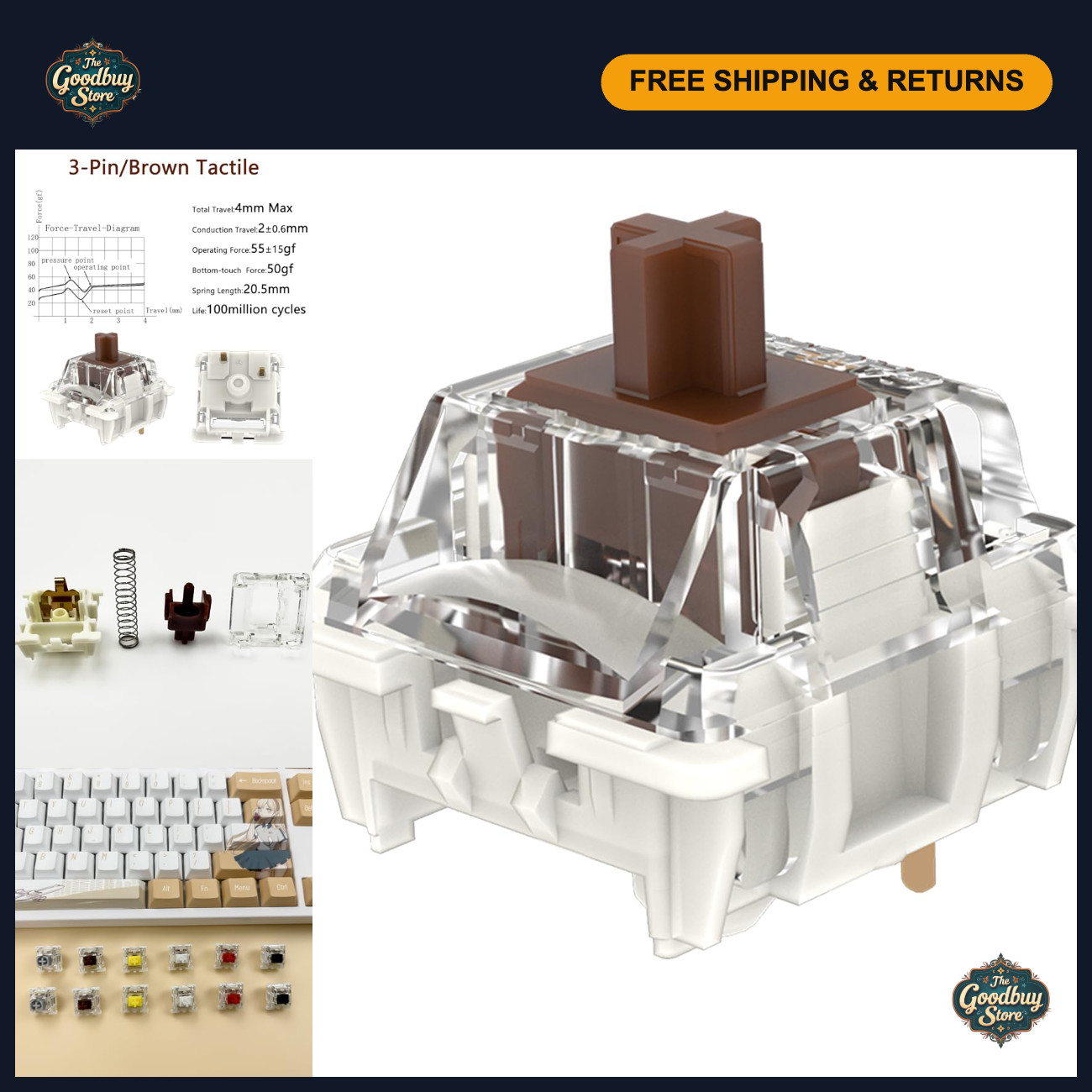 Tactile Brown Mechanical Keyboard Switches - 72pcs, Pre-Lubed, 3-Pin, 55gf Feel