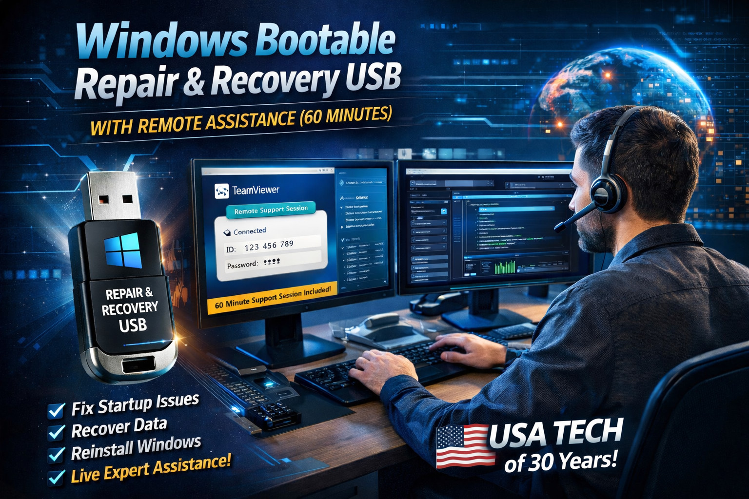 Windows Bootable USB Remote Repair + 60min Remote Support Session