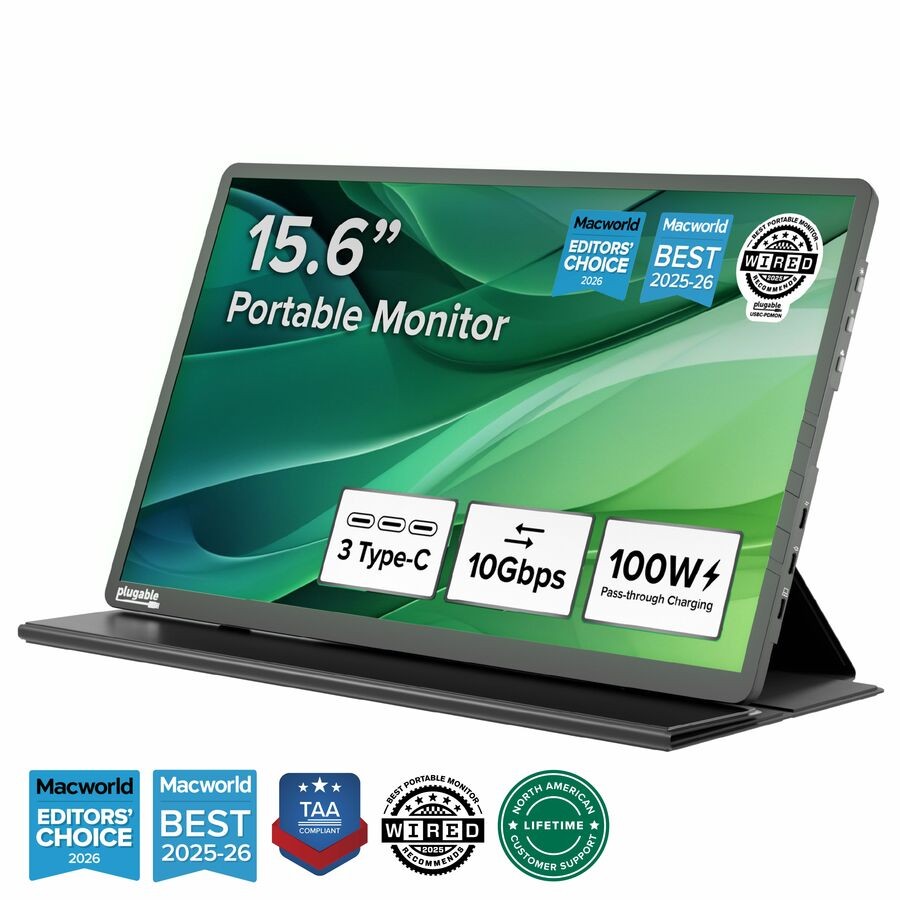 Plugable USBC-PDMON 15.6 Inch Portable Monitor 100W Pass-Through FHD 1080P