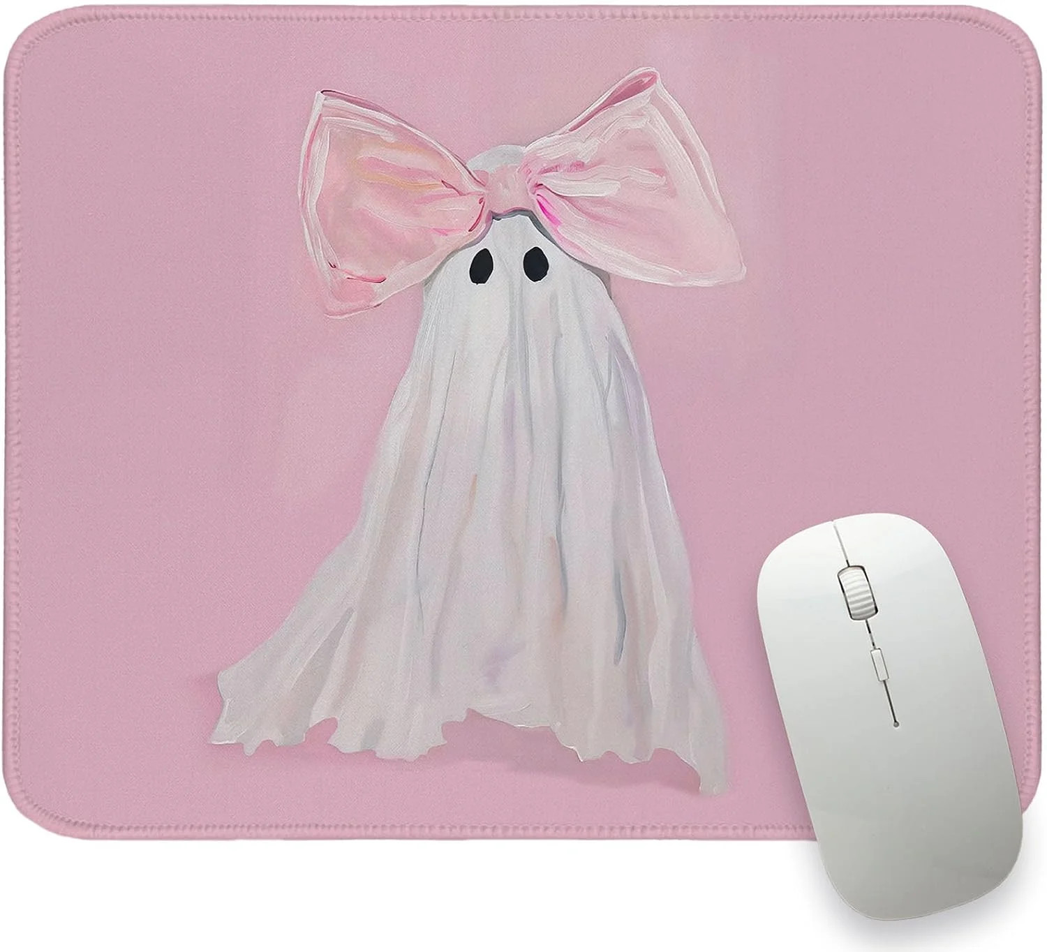 Pink Bows Ghost Small Mouse Pad，Cute Halloween Gaming Mouse Pad，Non-Slip Rubber