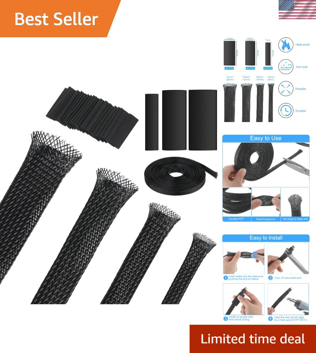 65.6ft Braided Cable Sleeve Expandable Wire SheathingBlack