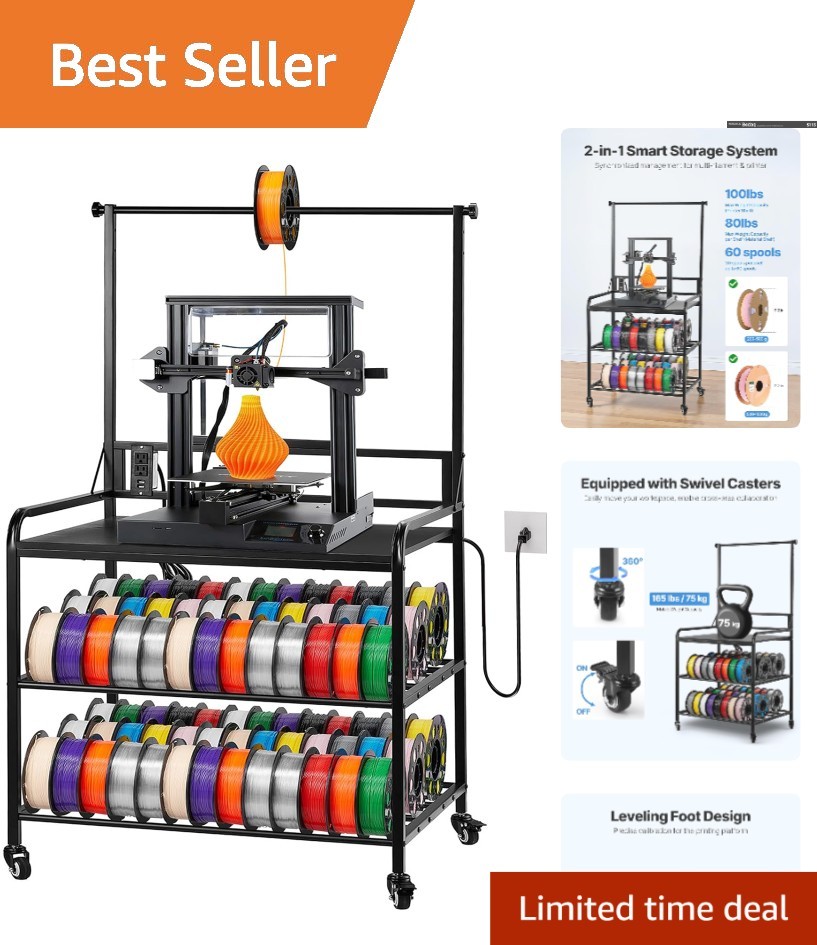 Durable 3D Printer Stand: 3-Tier Filament Storage with Adjustable Feet & Power