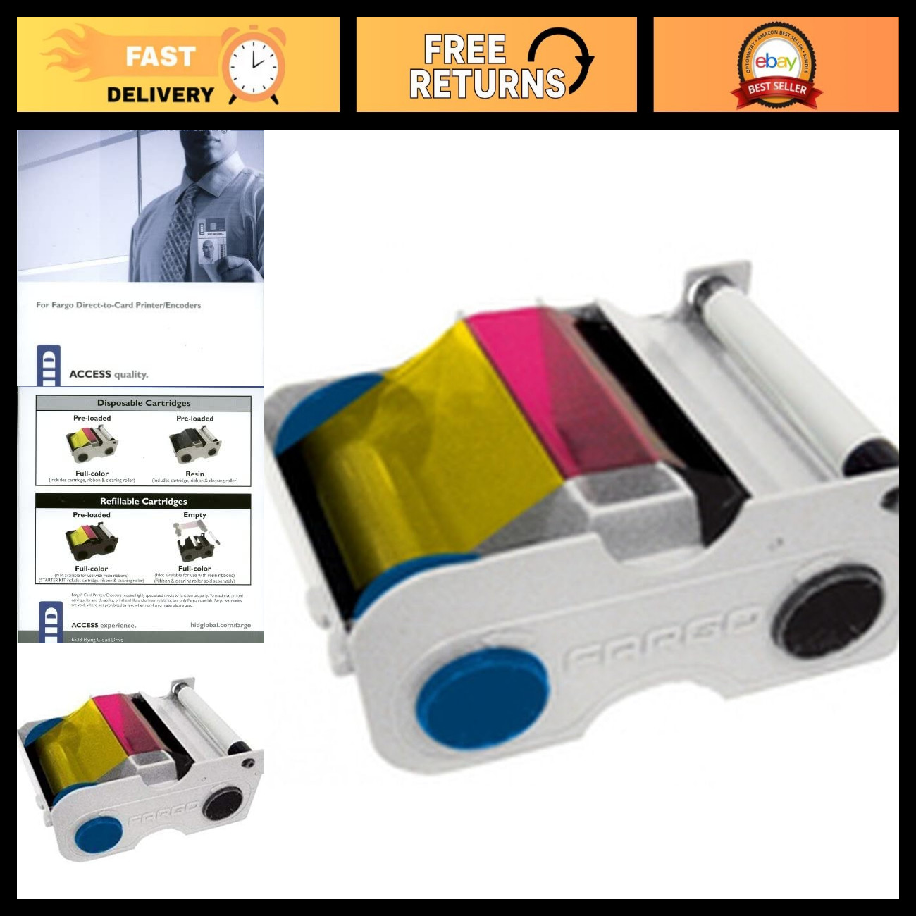 YMCKO Ribbon Cartridge with Cleaning Roller for DTC Printers - 45,000 Prints