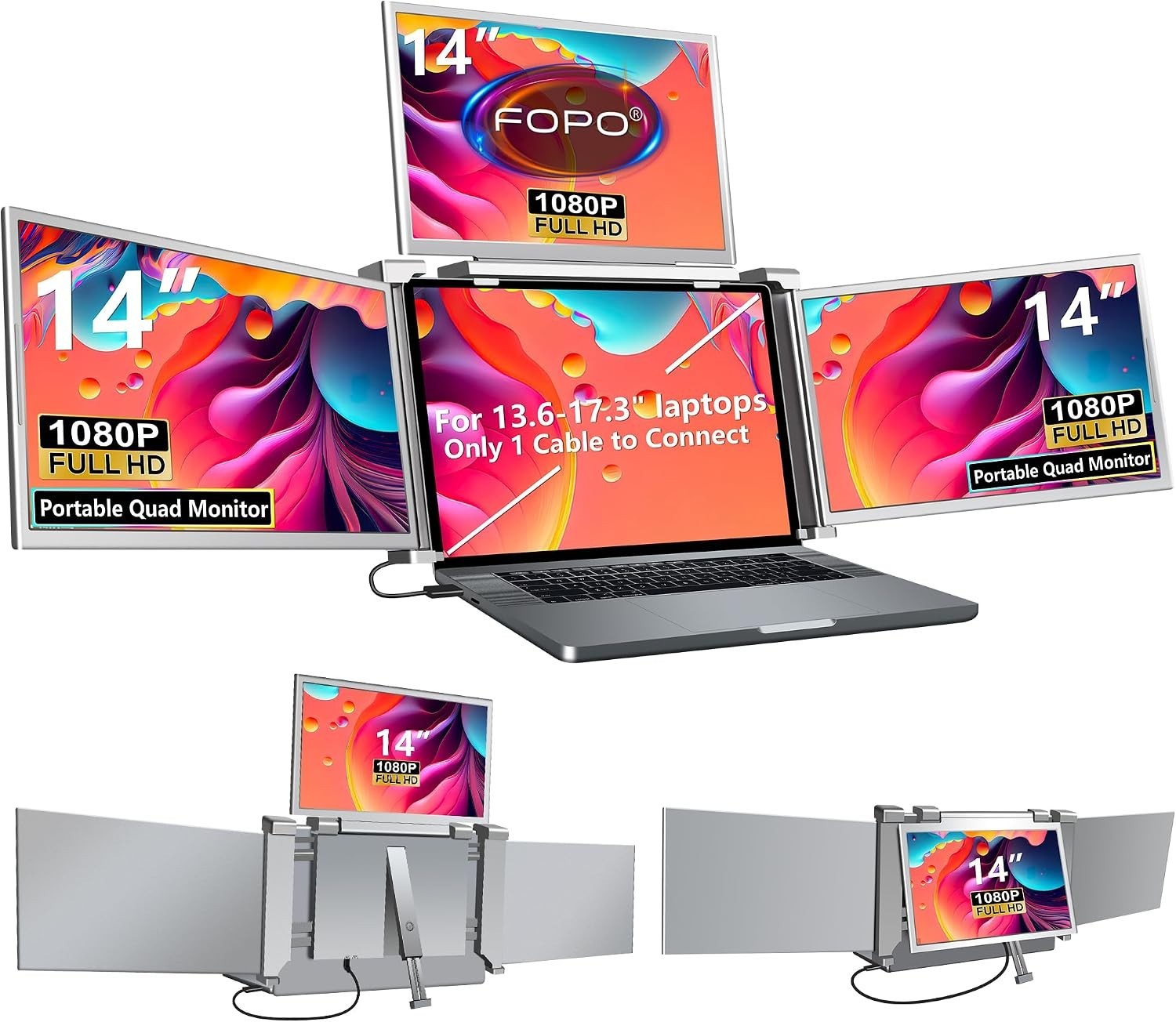 Quad Laptop Screen Extender, 1080P IPS, One-Cable Setup | For 13.6-17.3" laptops