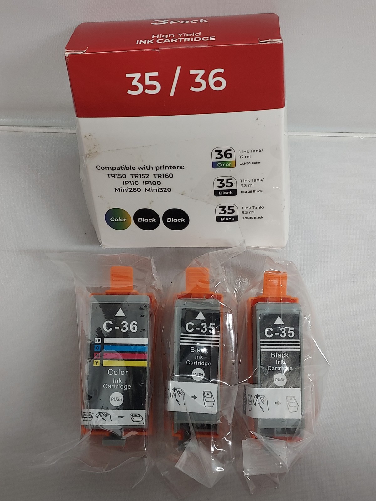 3-pk Replacement Ink Cartridges (2) 35 Black & (1) 36 Color Canon TR150 Mini260