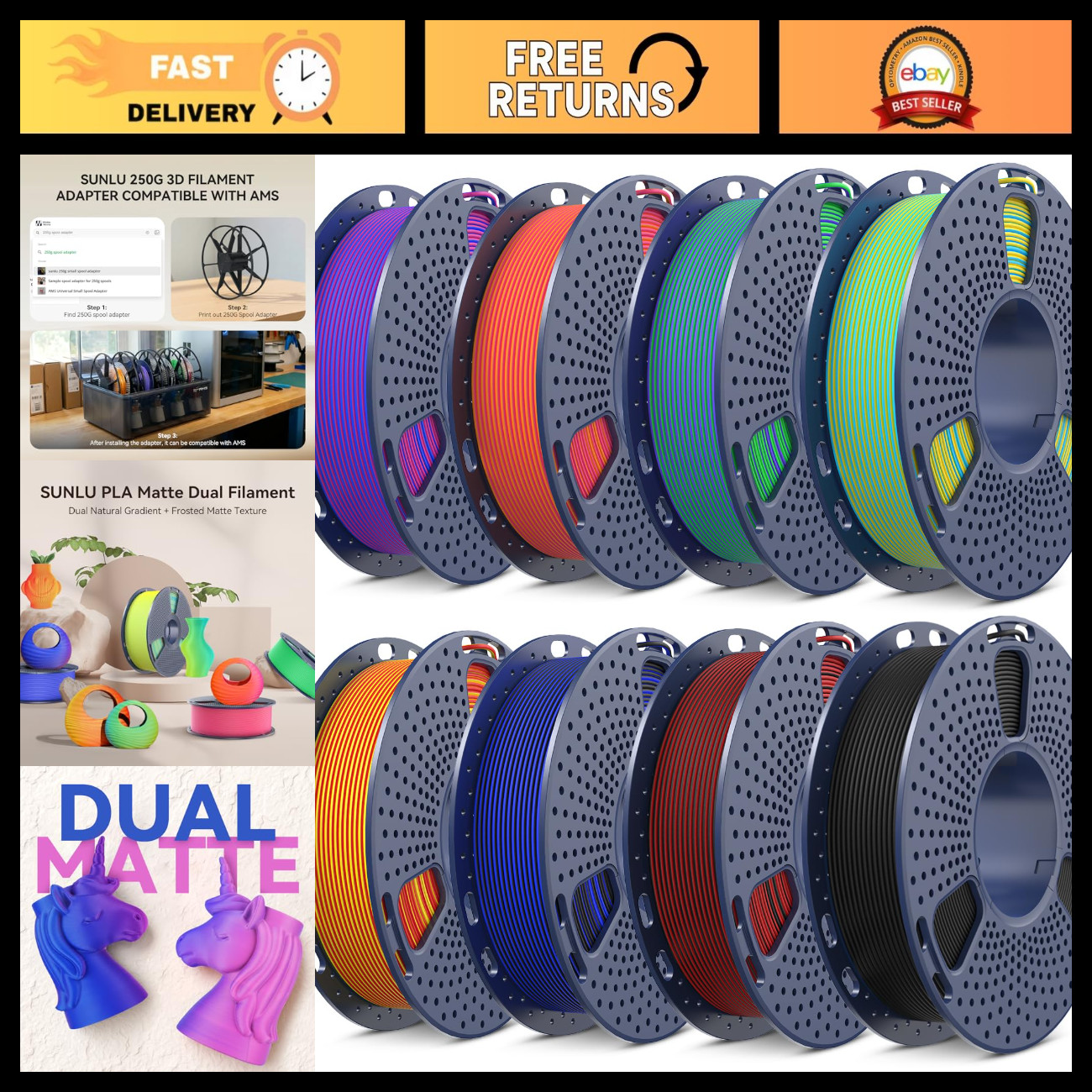 Dual Color PLA 3D Printer Filament 1.75mm - 8 Spools, 250g Each, High Quality
