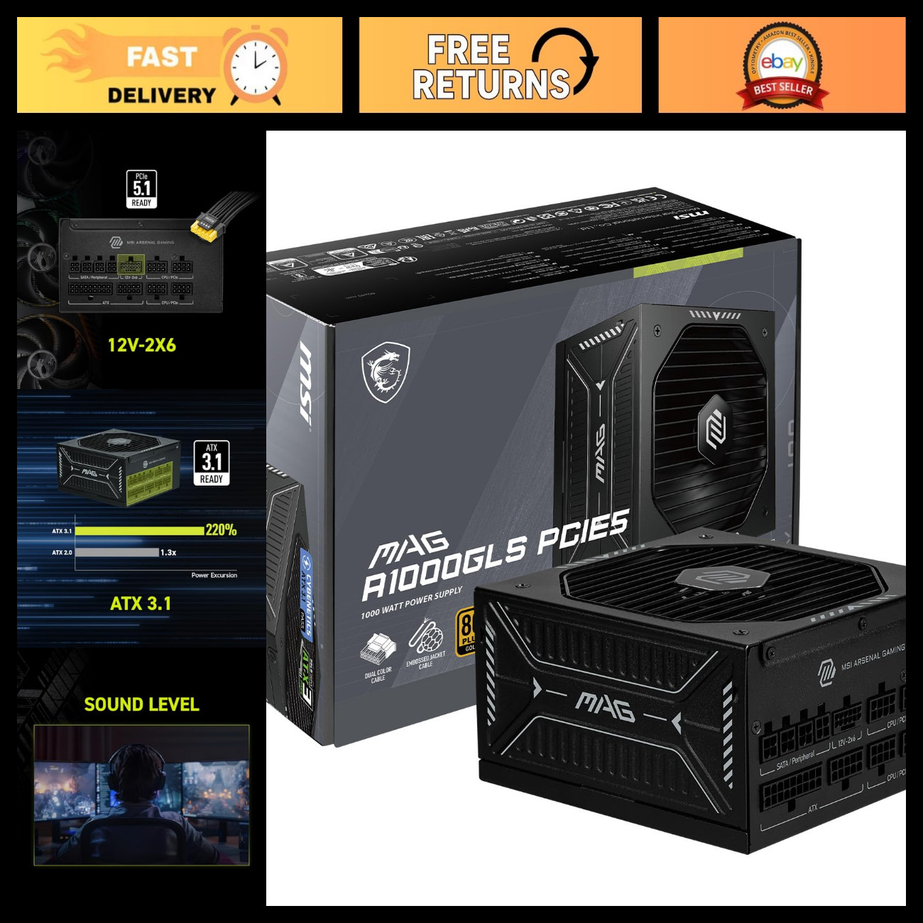 1000W Fully Modular Gaming Power Supply - 80+ Gold, ATX 3.1, PCIe 5.1 Ready, Low