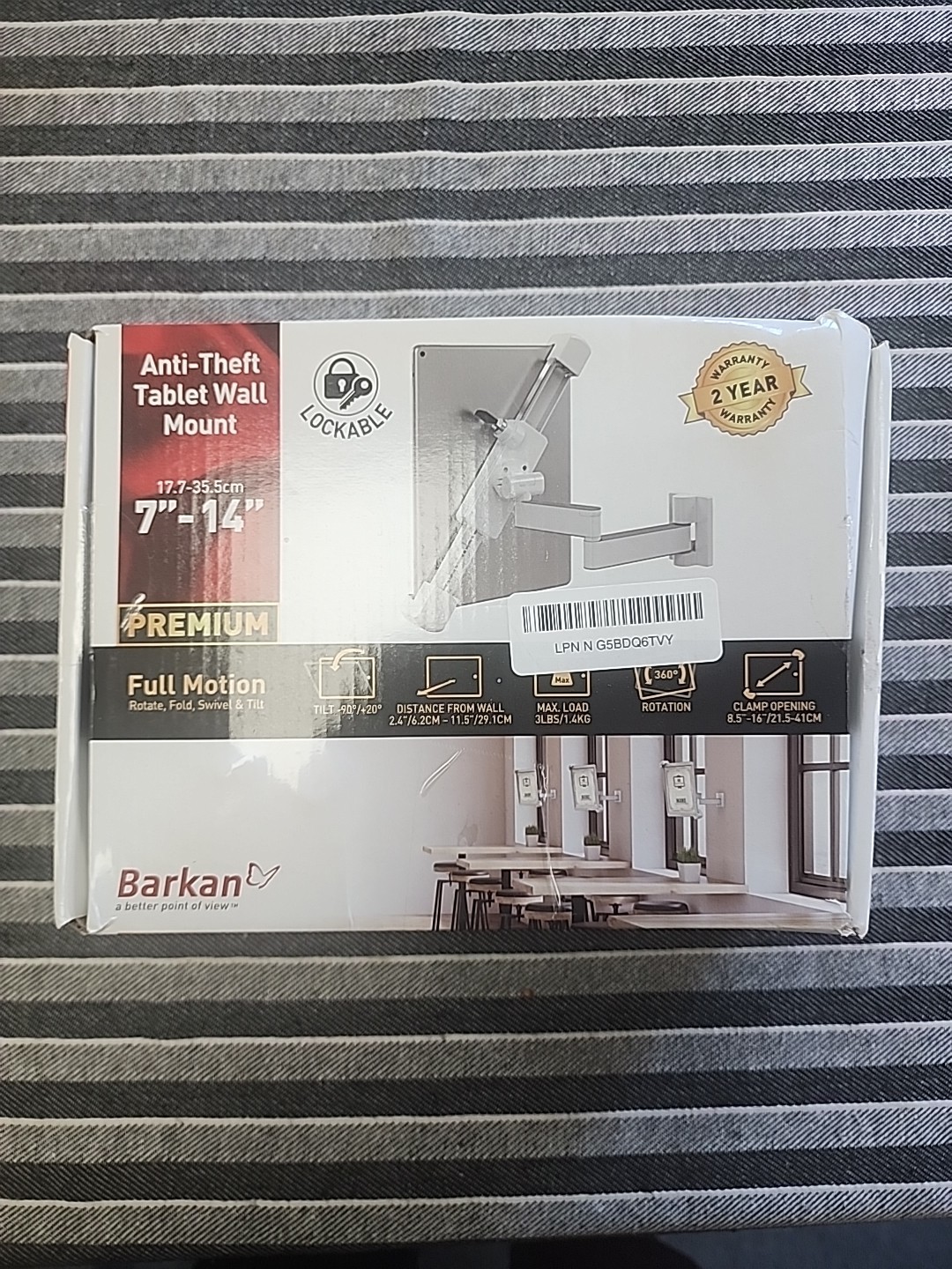 Barkan Tablet Stand, 7" - 14", White, Clamp Opening, 360° Rotation, Locking Slot