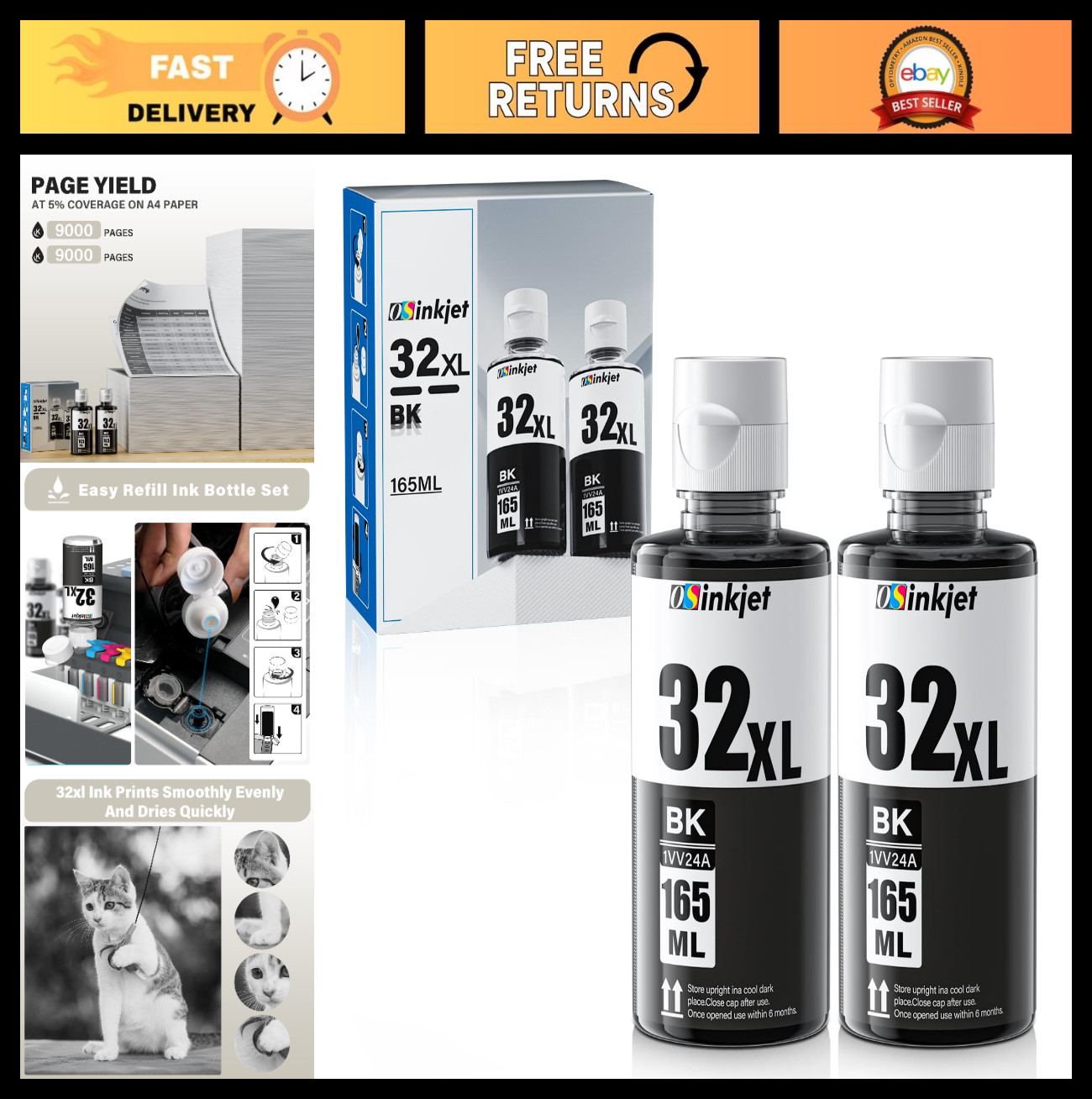 32XL Black Ink Bottle Set for HP Smart Tank Printers - 2-Pack 165ml Refill Compa