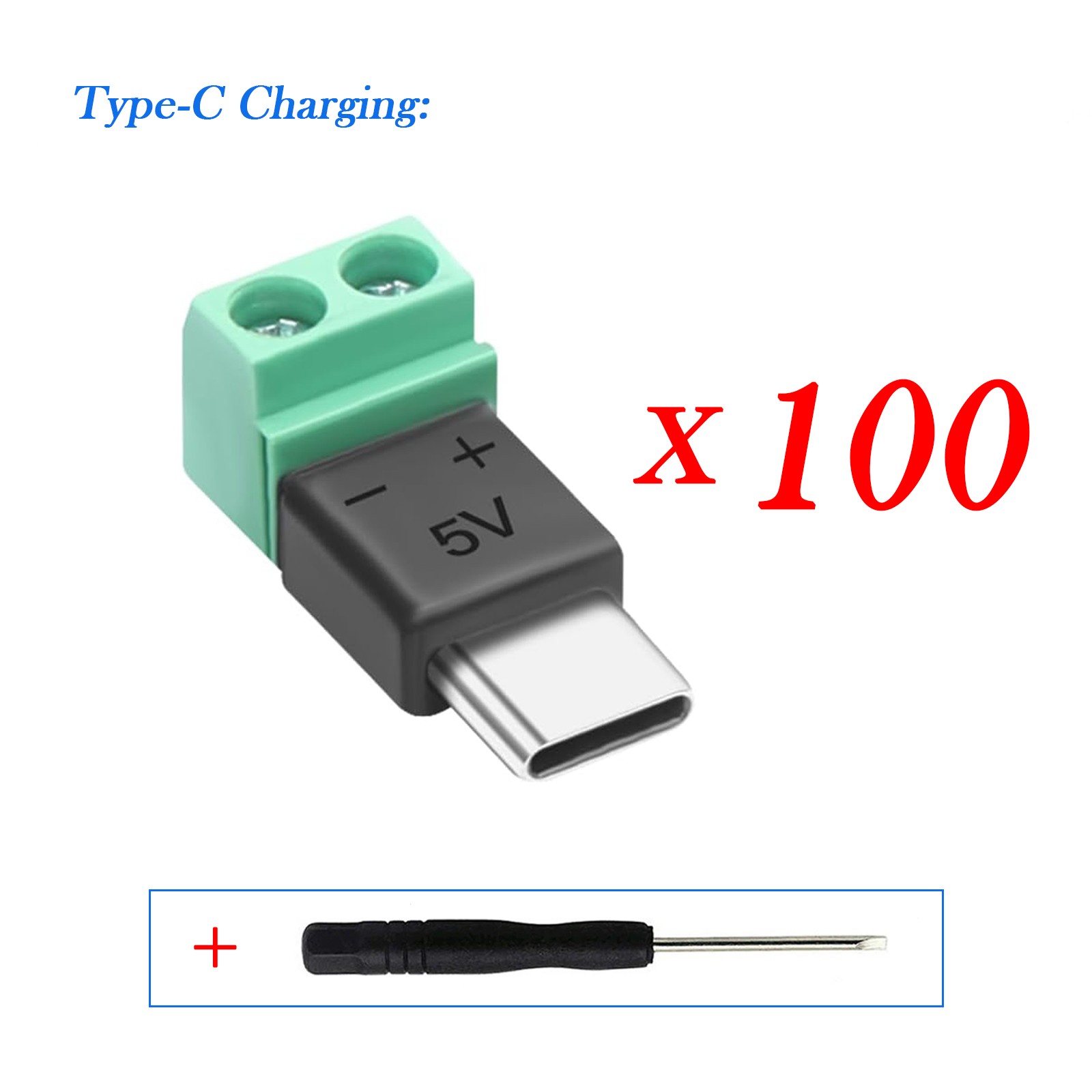 100x USB Type-C Male to 2 Pin Screw Terminal Block Adapter for 5V Power Charging