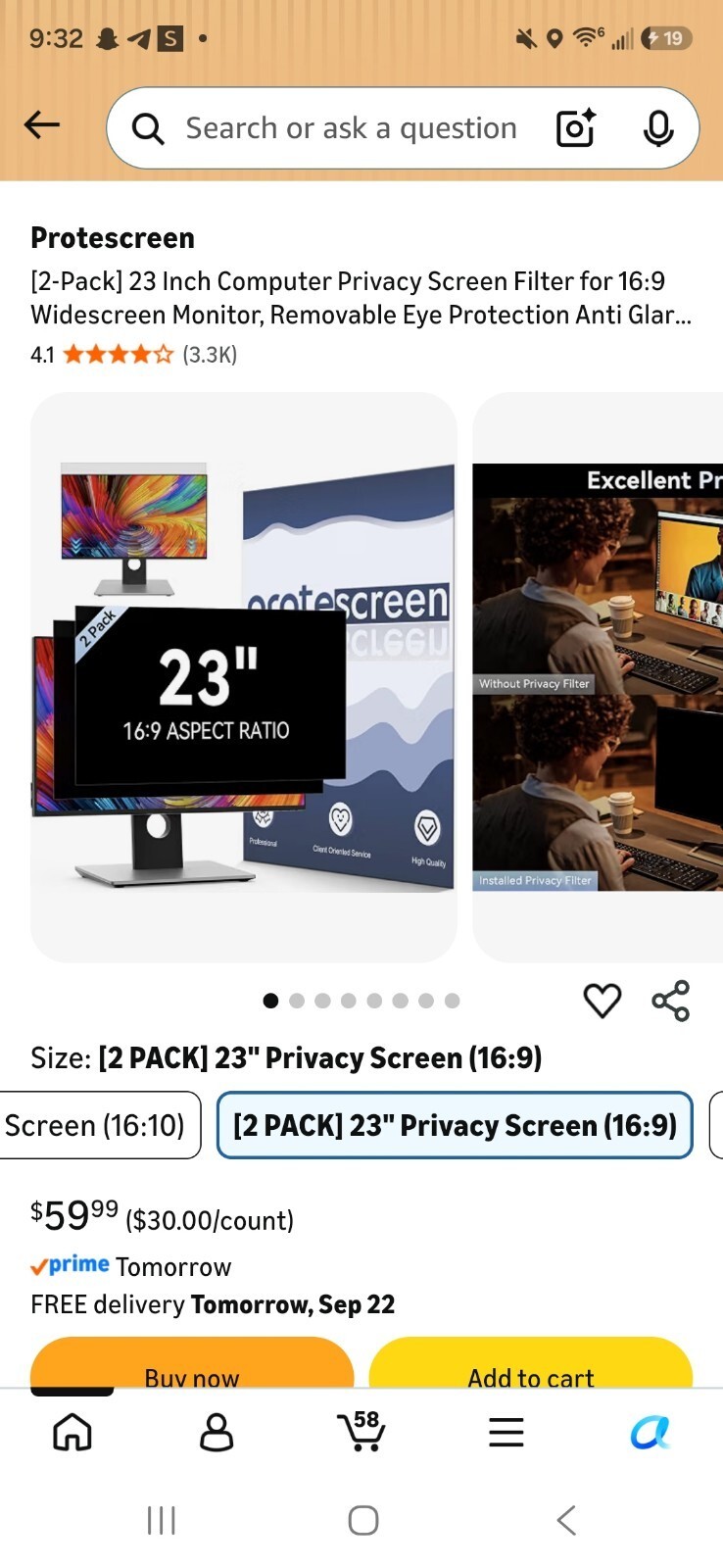 [2-Pack] 23 Inch Computer Privacy Screen Filter for 16:9 Widescreen Monitor