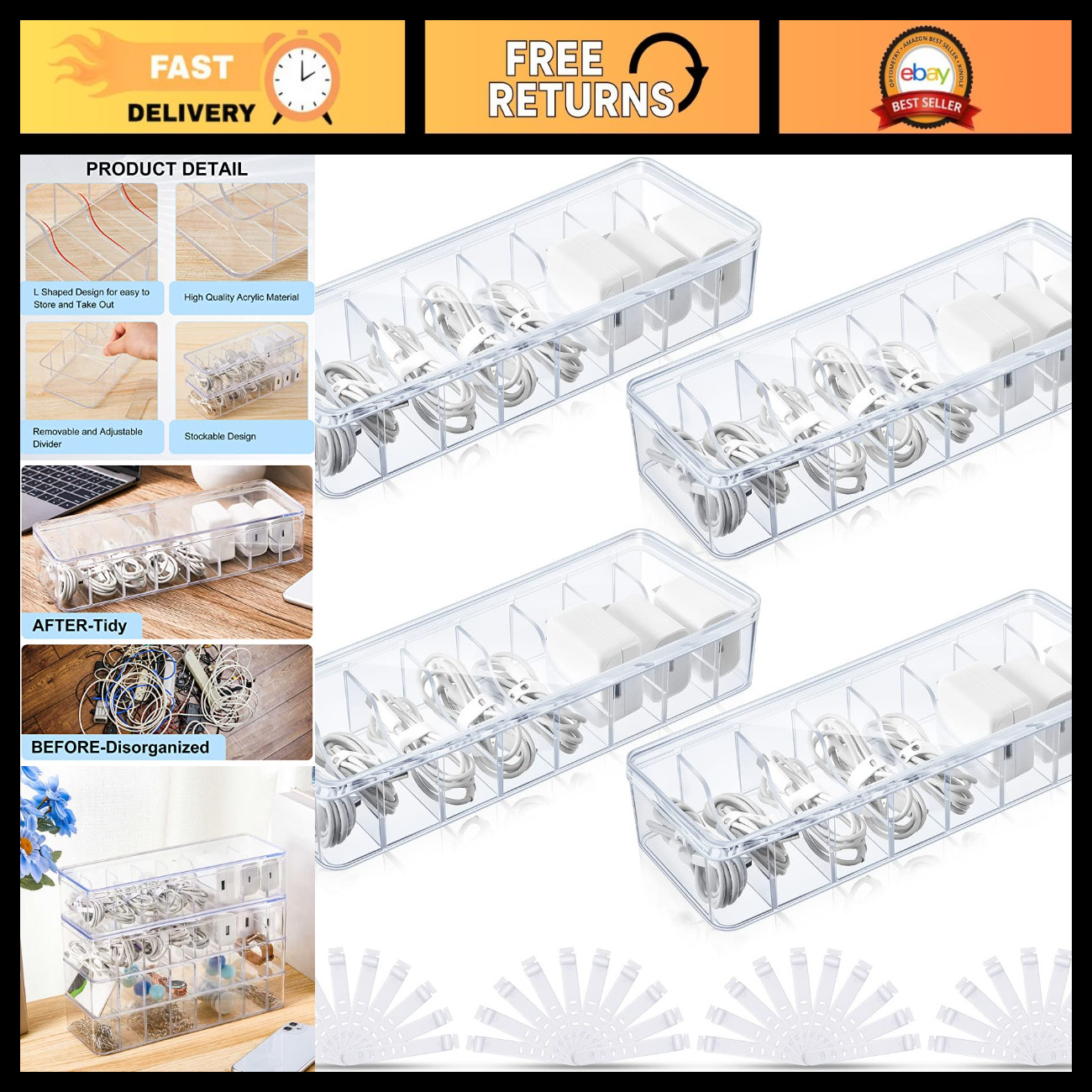 Cord Organizer Box with Lid - Clear Cable Management Storage, 4 Pack, Tangle-Fre
