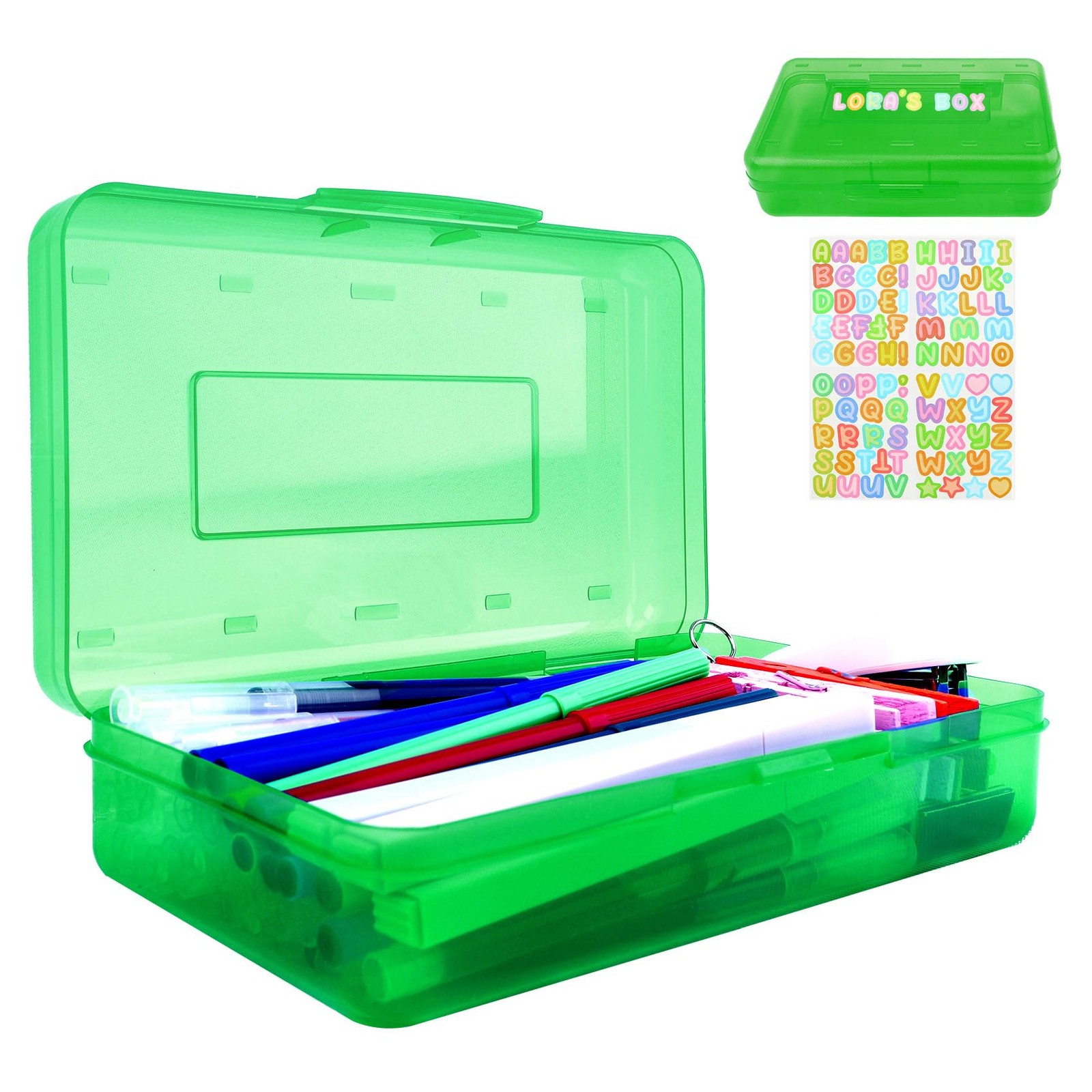 Pencil Case Box Large Green Plastic Hard Storage Container Organizer Crayon Desk