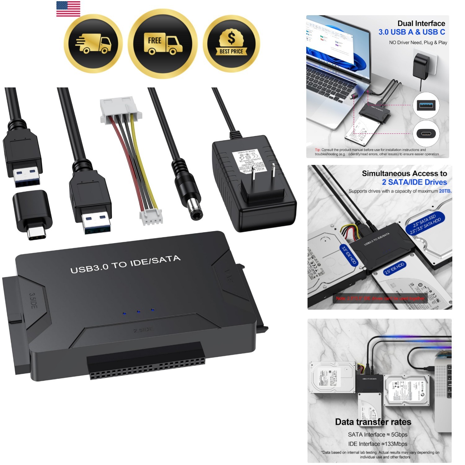 USB Hard Drive Adapter 3.0 Type C SATA IDE HDD SSD Data Recovery Tool