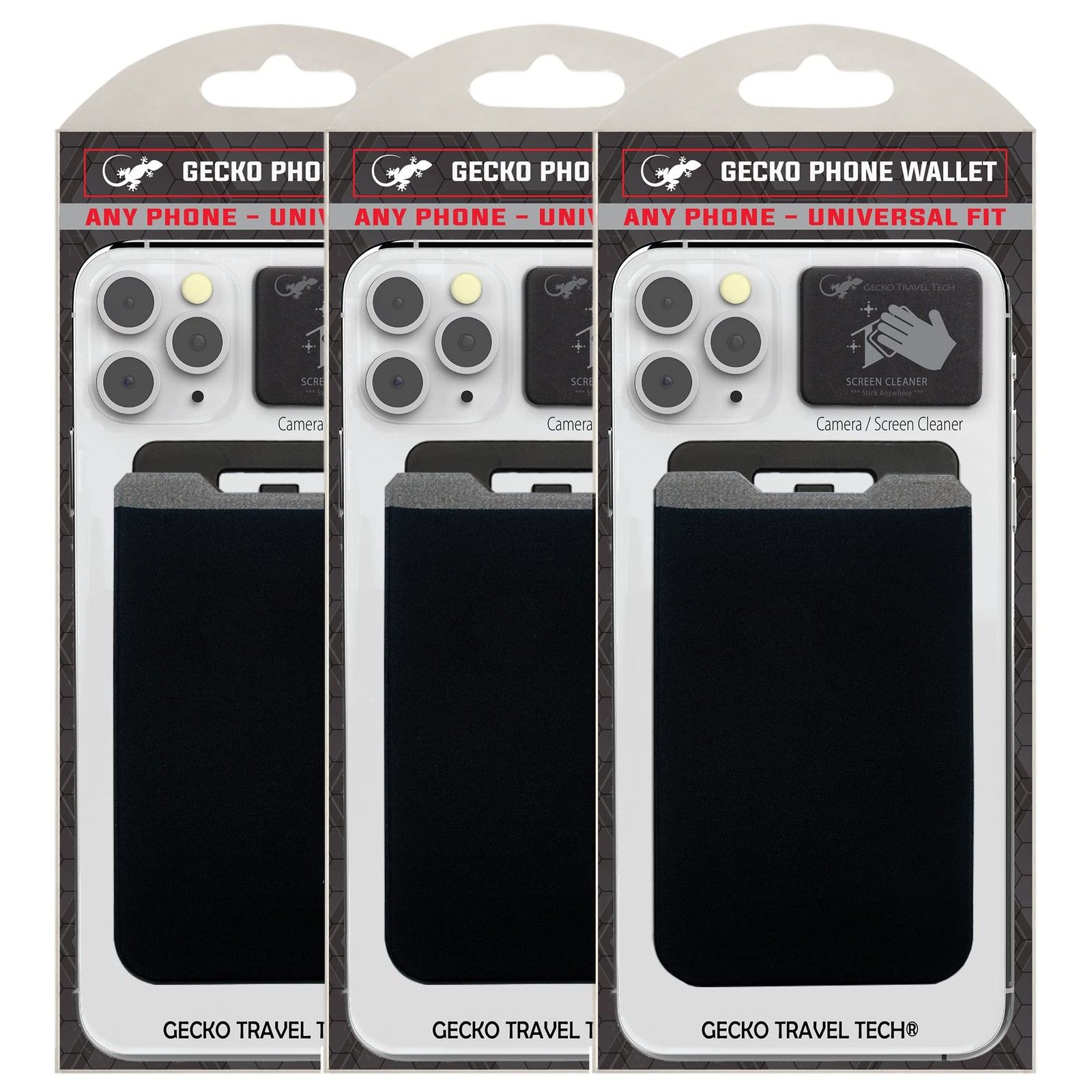 Gecko Travel Tech Phone Wallet 3 Pack Stick on - Black