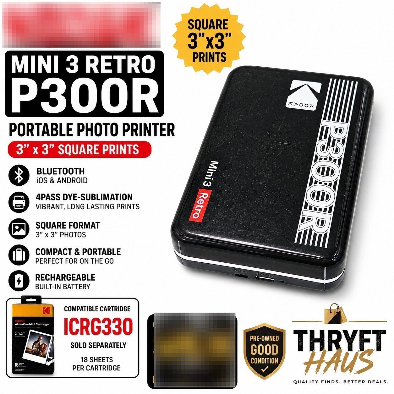 Kodak Mini 3 Retro P300R Portable 3x3 Photo Printer Bluetooth Black Tested