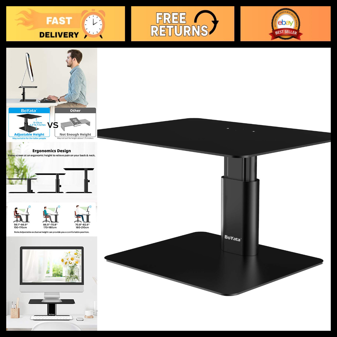 Adjustable Height Metal Monitor Stand, Desktop Riser for Ergonomic Viewing, Blac