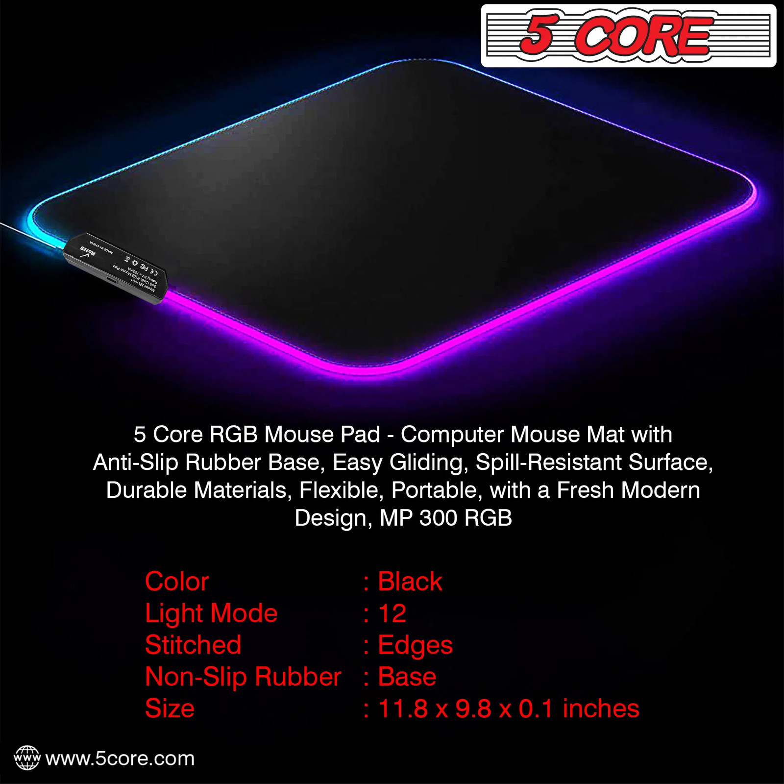5Core Gaming Mouse Pad RGB 12 Light Modes 2 Zone Desk Mat w Rubber Base