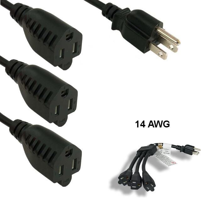 KNTK 30" Power Splitter Cable NEMA5-15P to 3x NEMA5-15R 14AWG 15A 125V SJT UL
