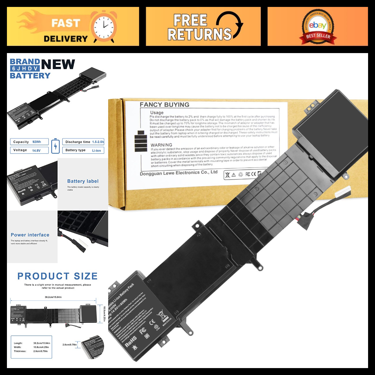 High-Capacity 8-Cell 92WH Notebook Battery for Dell Alienware 17 R3 R2 P43F001 P