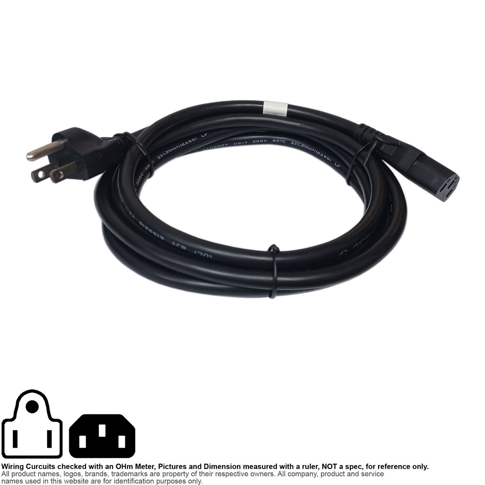 Cable AC Power Cord NEMA 5-15P IEC C13 Computer PC 16AWG  8FT SJT 300V