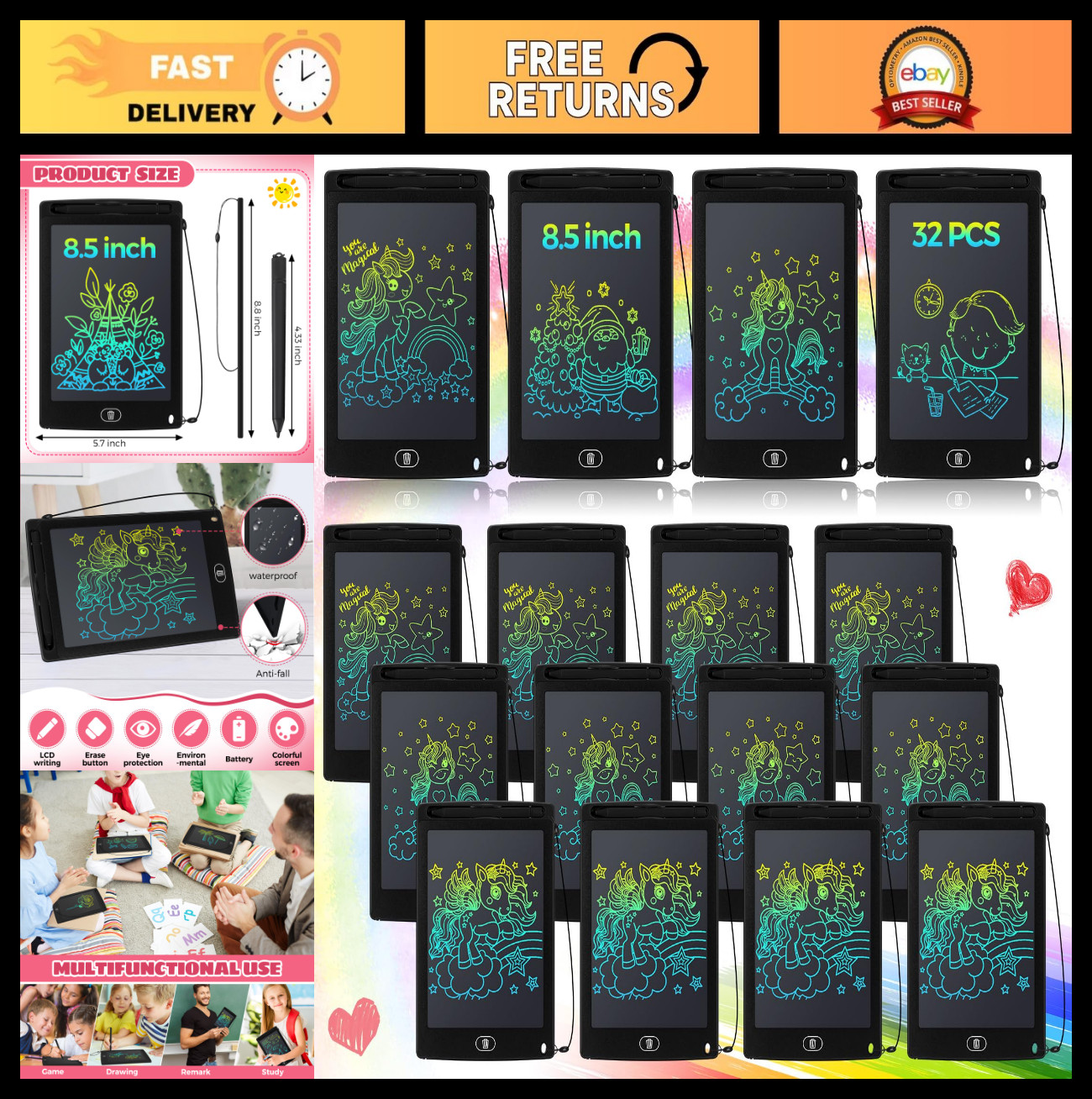 32 Pcs LCD Writing Tablet for Kids - 8.5" Erasable Doodle Board, Drawing Pad